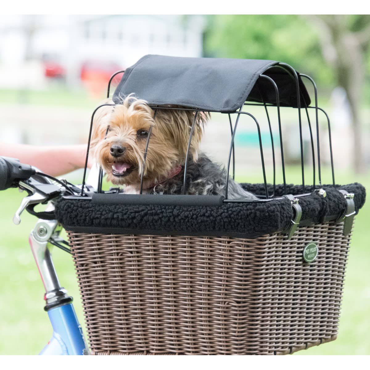 Travelin K9 Pet-Pilot Max Wicker Bike Basket For Dogs/Cats - Includes Wire Cage Top W/Sun Shade + Plush Removable Padded Liner