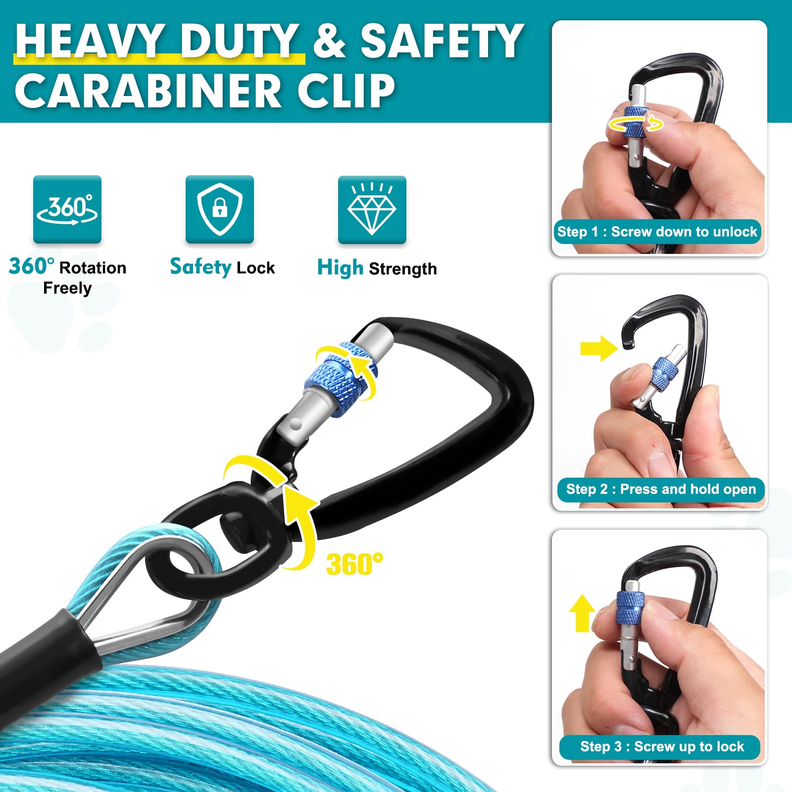 Snagle Paw Dog Leads For Yard 50Ft-1000Lbs Break Strength,Heavy Duty Tie Out Cable For Dogs With Swivel Lockable Hook & Spring,C