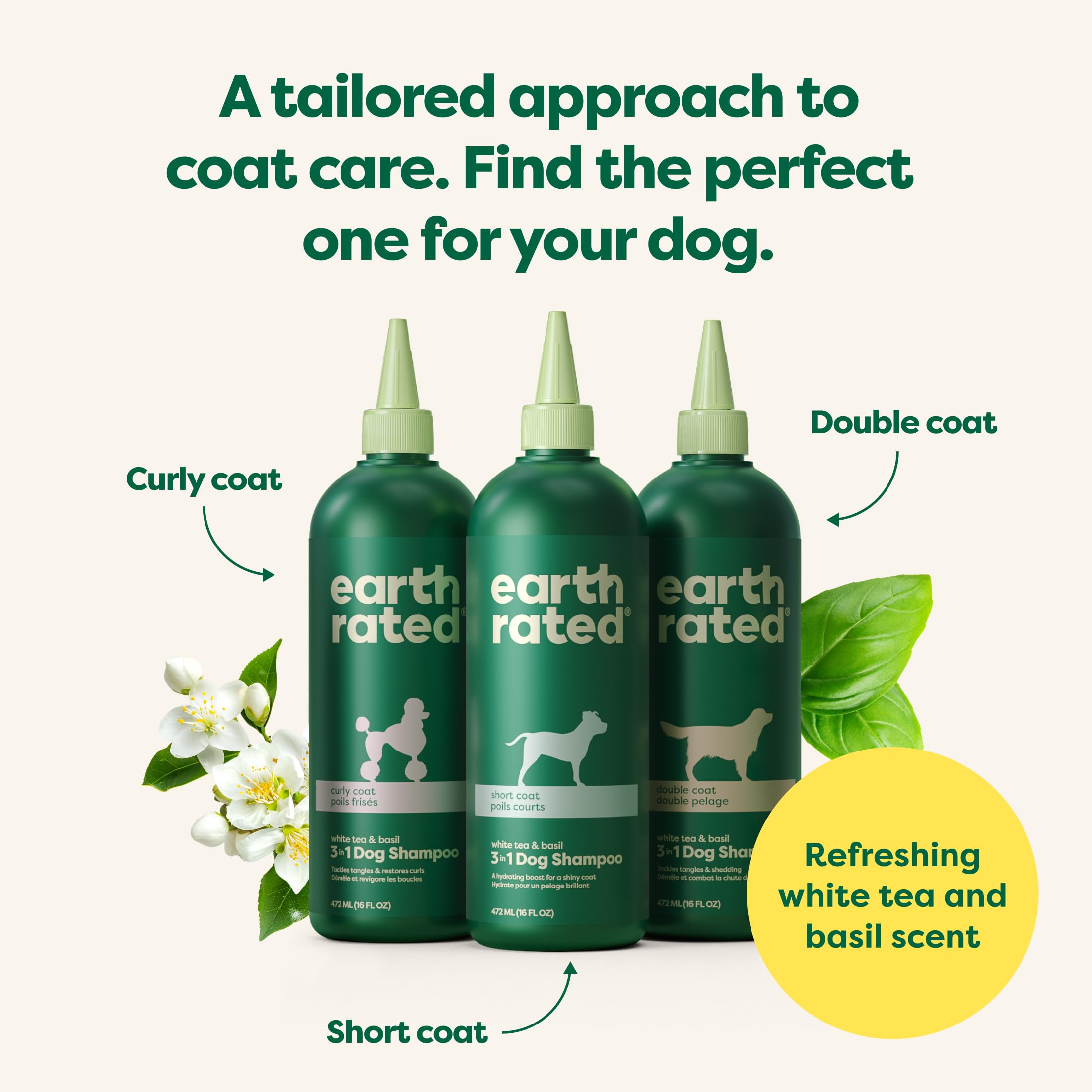 Earth Rated 3-In-1 Dog Shampoo, Conditioner And Deodorizer, For Short-Haired Dogs And Puppies To Moisturize And Tackle Shedding, Refreshing White Tea And Basil Scent, 16 Oz