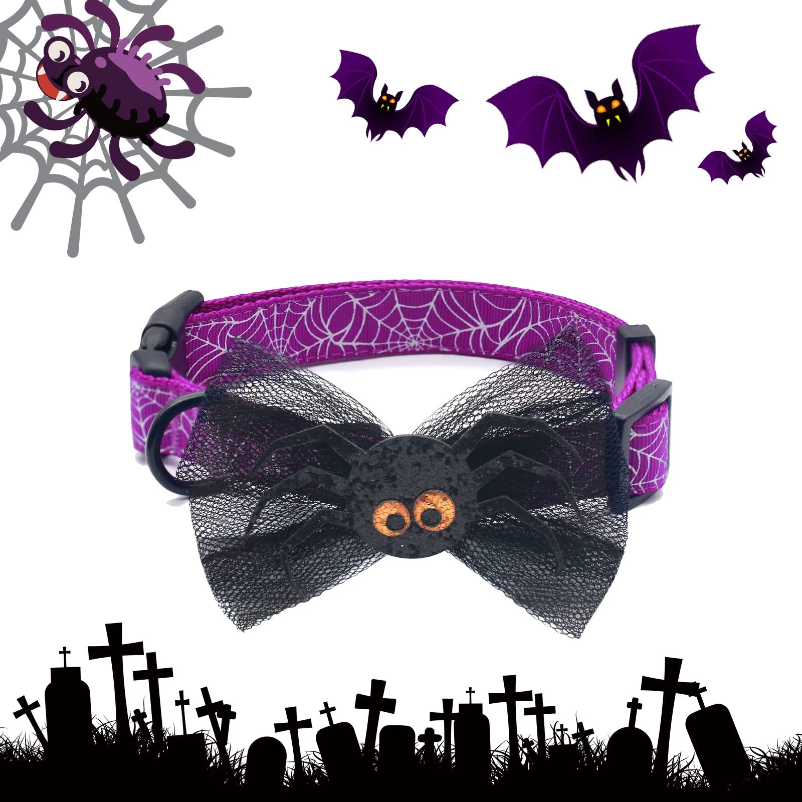 Azuza Halloween Dog Collars With Bow Cute Sequined Spider Purple Dog Collar With Lace Bow Tie Gifts On Halloween For Large Dogs