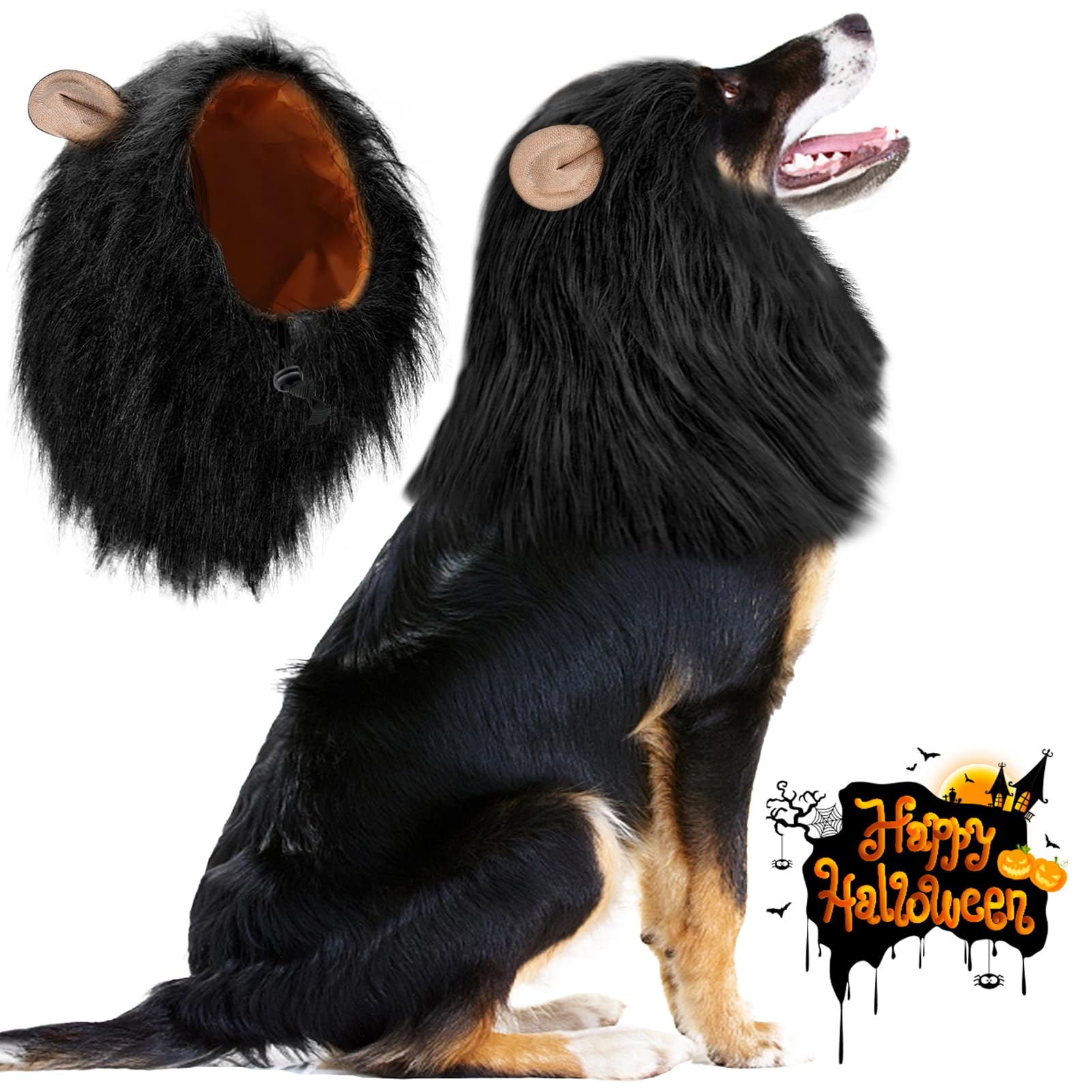 Vivifying Lion Mane (Black) For Medium & Large Dogs - Adjustable Pet Costume With Faux Fur, 13.77In X 14.5In, Up To 27.55In Neck Girth, Halloween Dog Accessory