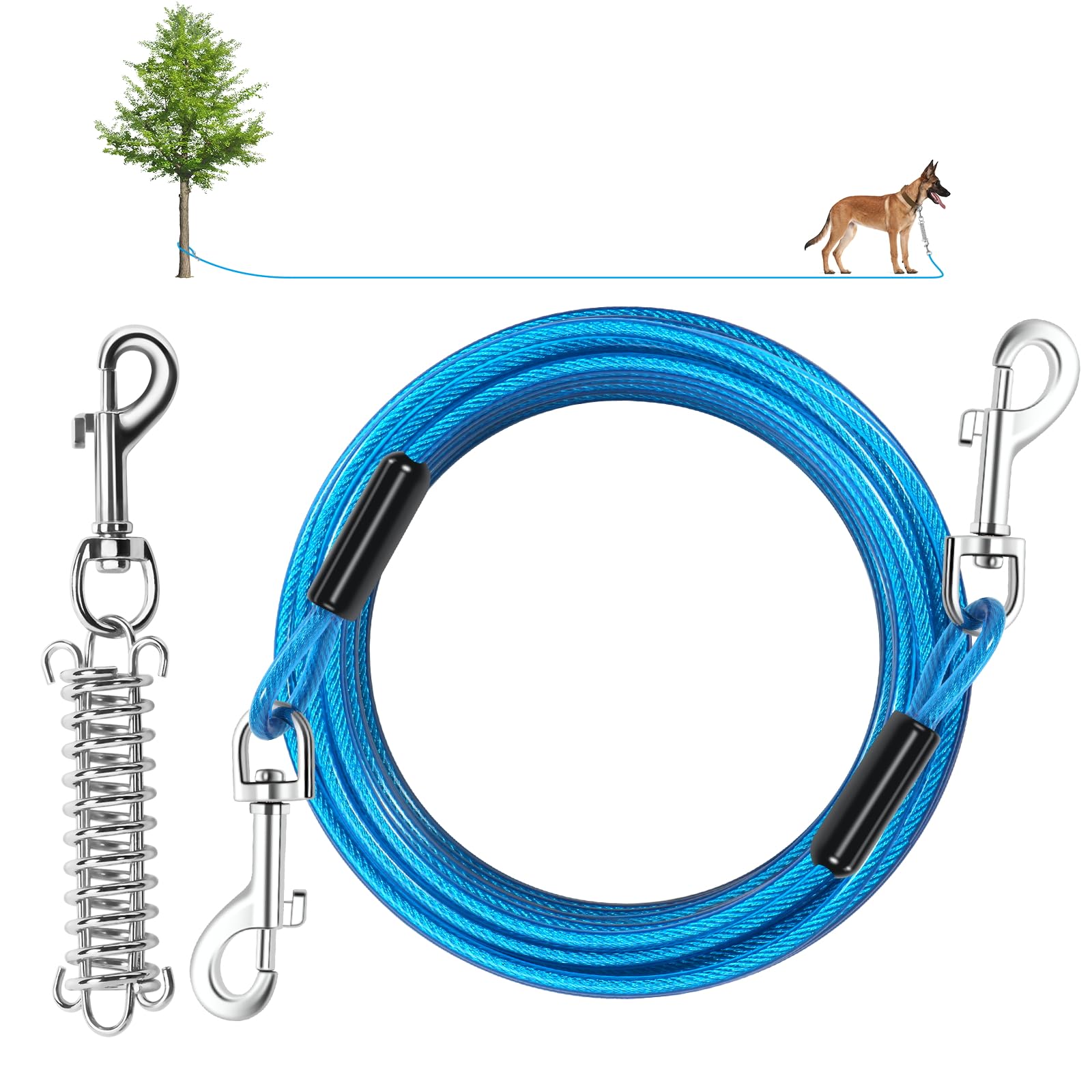 Dog Tie Out Cable, 20 Ft Heavy Duty Dogs Lead Cables With Detachable Shock Spring, Dog Runner Chains For Outside Yard Camping Ho