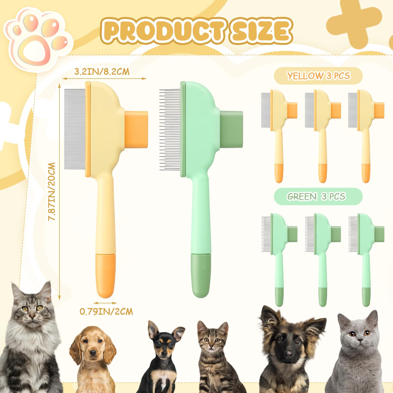 Meanplan 6 Pcs Pet Hair Removal Comb Flea Comb for Cats Dogs One Click Self Cleaning Grooming Brush Bulk Dogs Long Short Stainle
