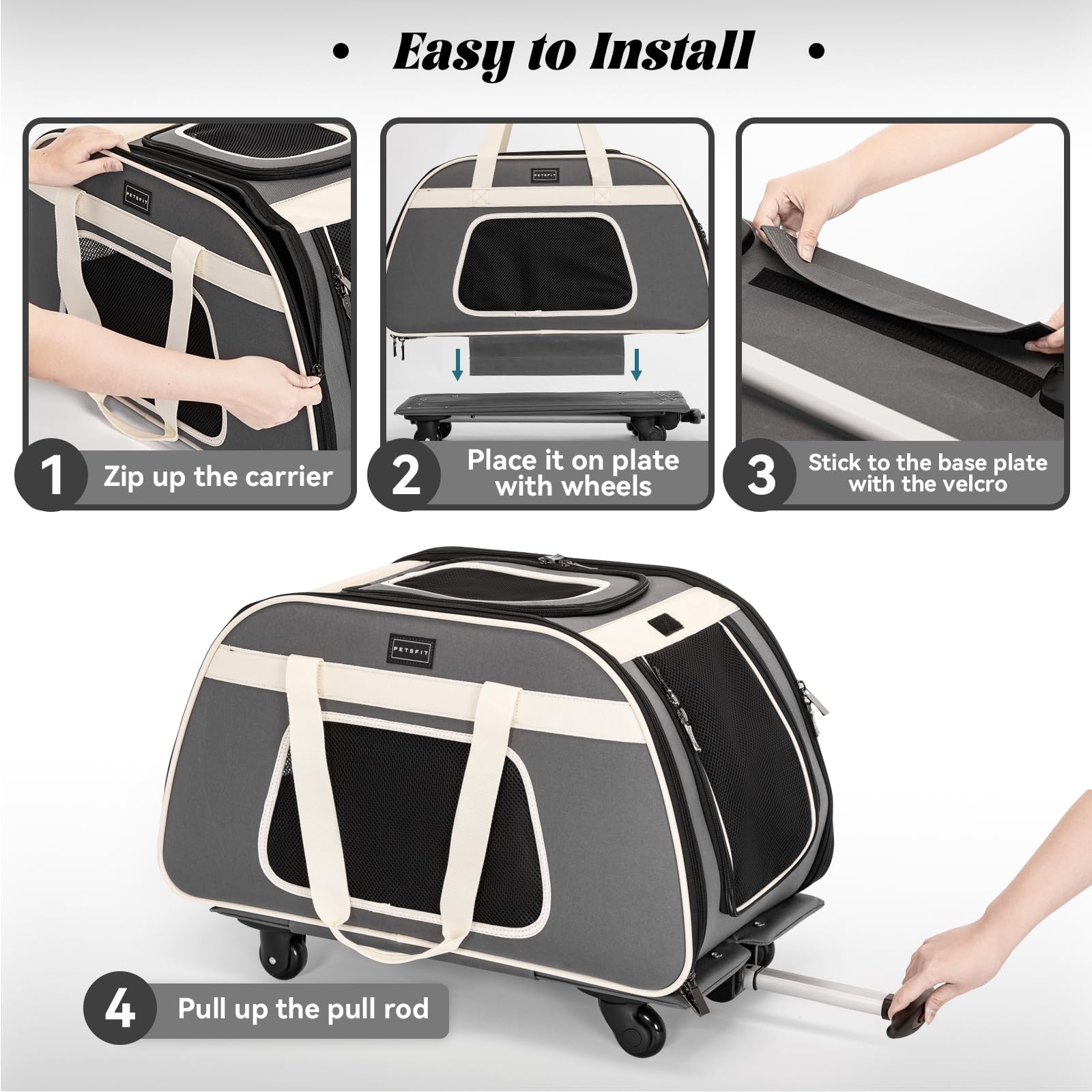 Petsfit Large Pet Carrier With Wheels Designed For 2 Small Dogs/Multiple Kittens/Medium Dogs With Adjustable Safety Rope & Water