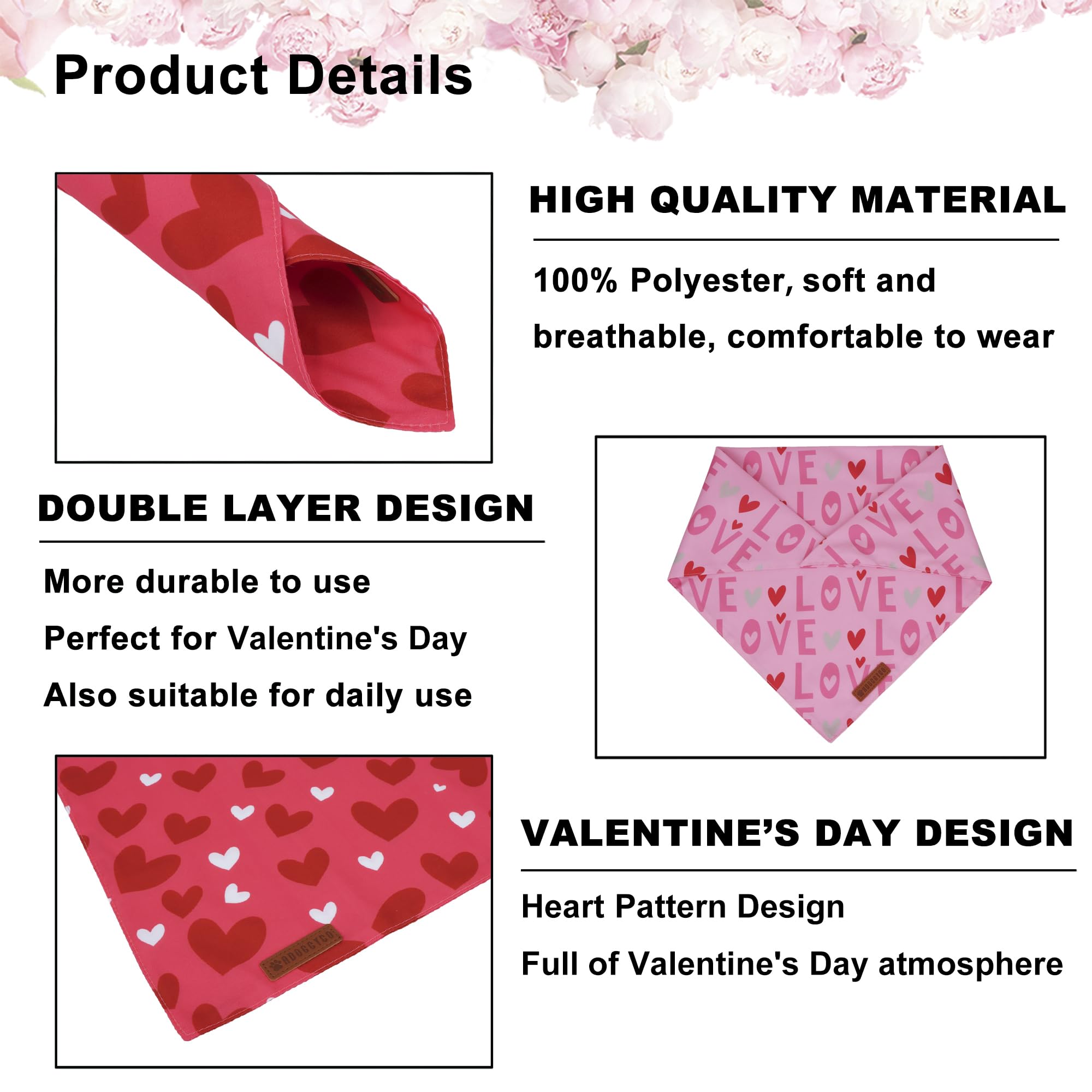 Adoggygo Valentine Dog Bandana, Heart And Love Pet Scarf, Premium Durable Fabric, Red Pink Valentine Bandanas For Medium Large D