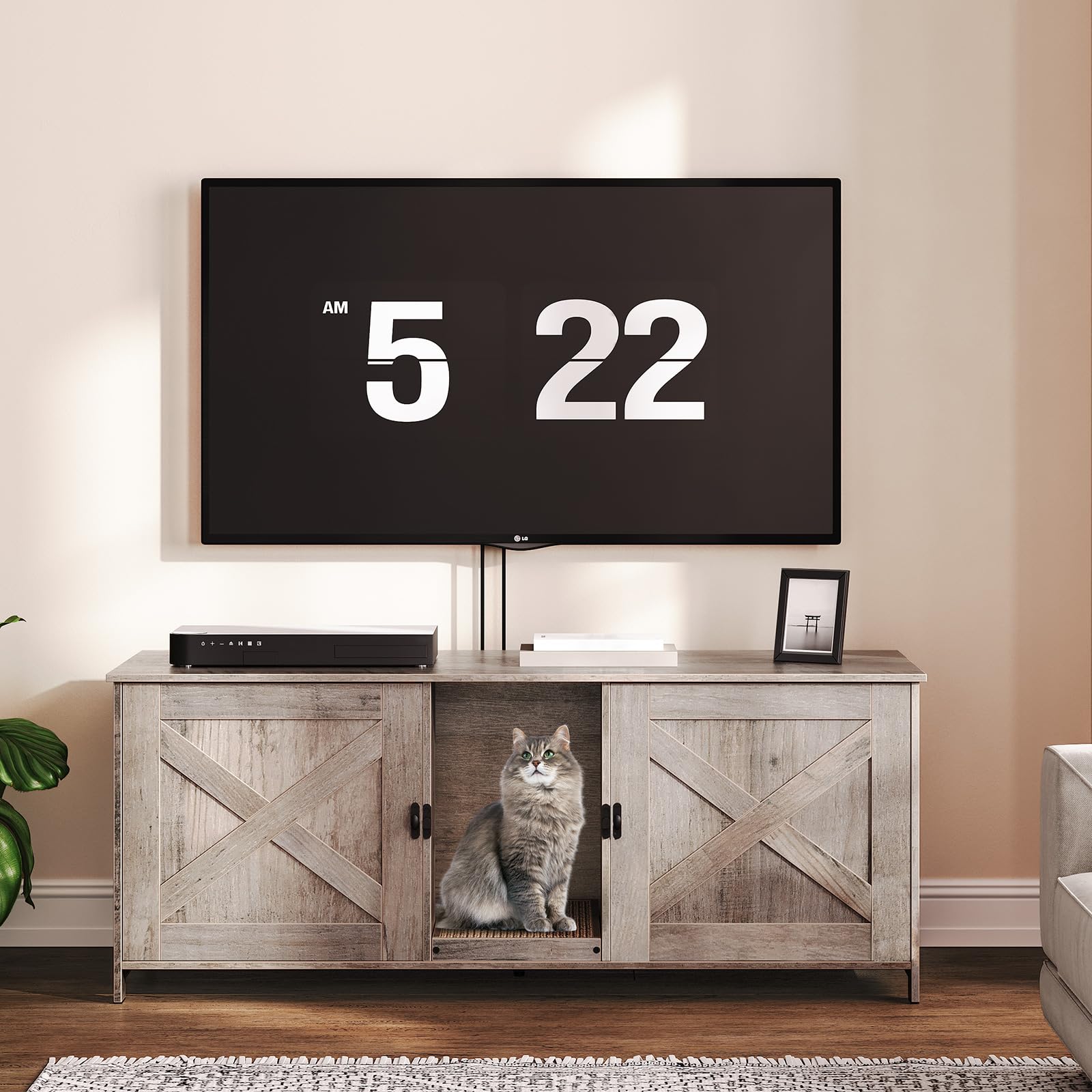 Mahancris Cat Litter Box Enclosure For 2 Cats, 47.2'' Hidden Cat Litter Box Furniture With Double Room, Wooden Washroom Cabinet