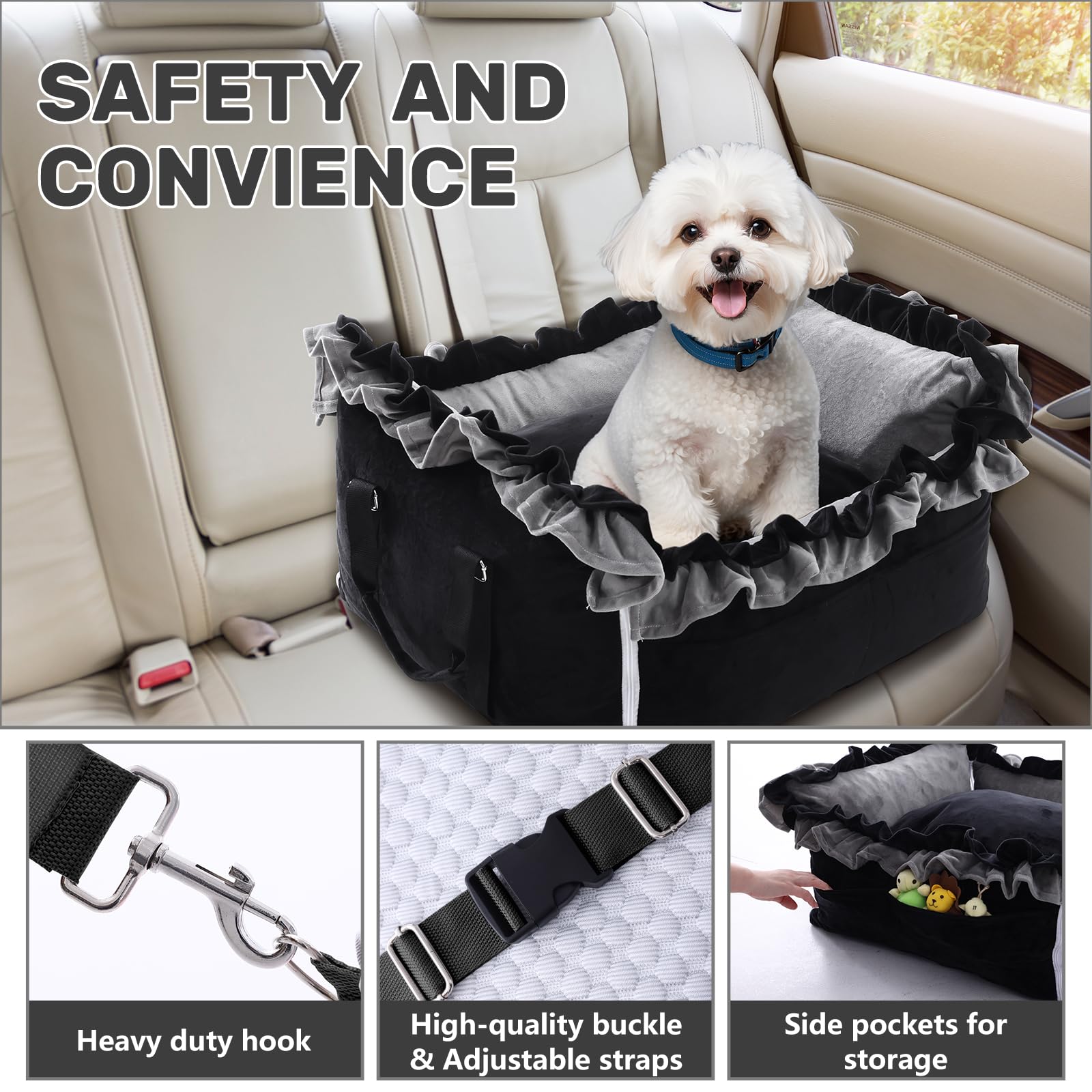 Homcosan Dog Car Seat for Small Medium Dogs, Dog Booster Seat for Car with Clip-On Safety Leash, Elevated Pet Car Seat with Soft