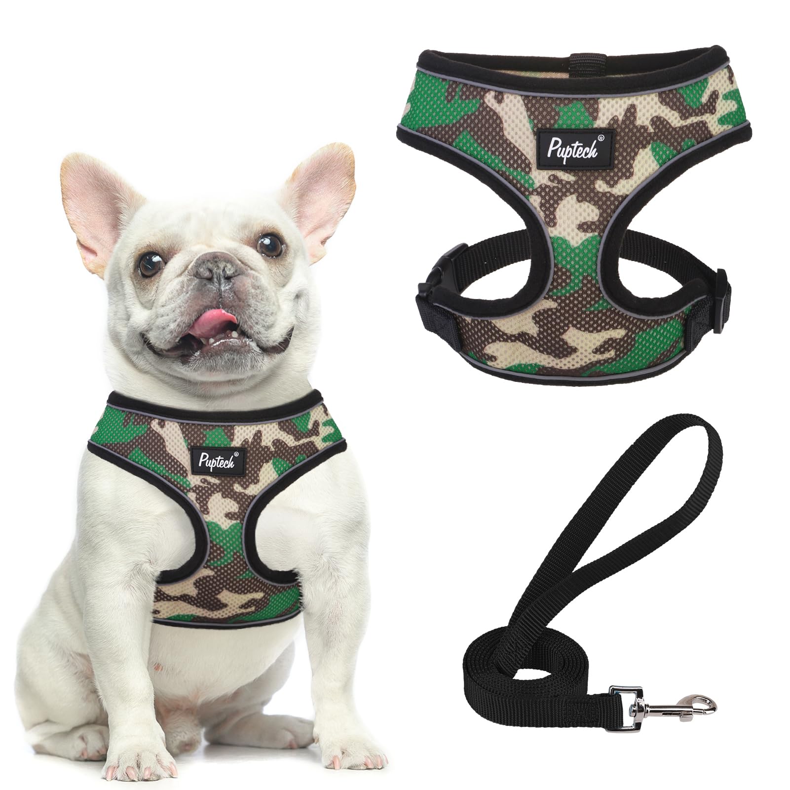 Pupteck Soft Mesh Dog Harness And Leash Set Pet Puppy Cat Comfort Padded Vest No Pull Harnesses, Camouflage, M