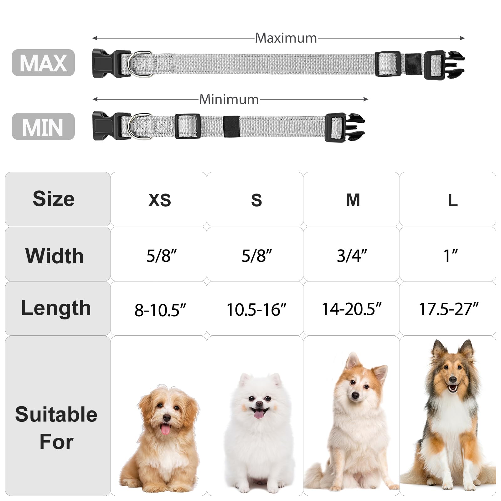 Penseepet Reflective Dog Collar Padded With Soft Neoprene Breathable Quick Release Basic Dog Collars For Small Dogs Girl Boy Silver