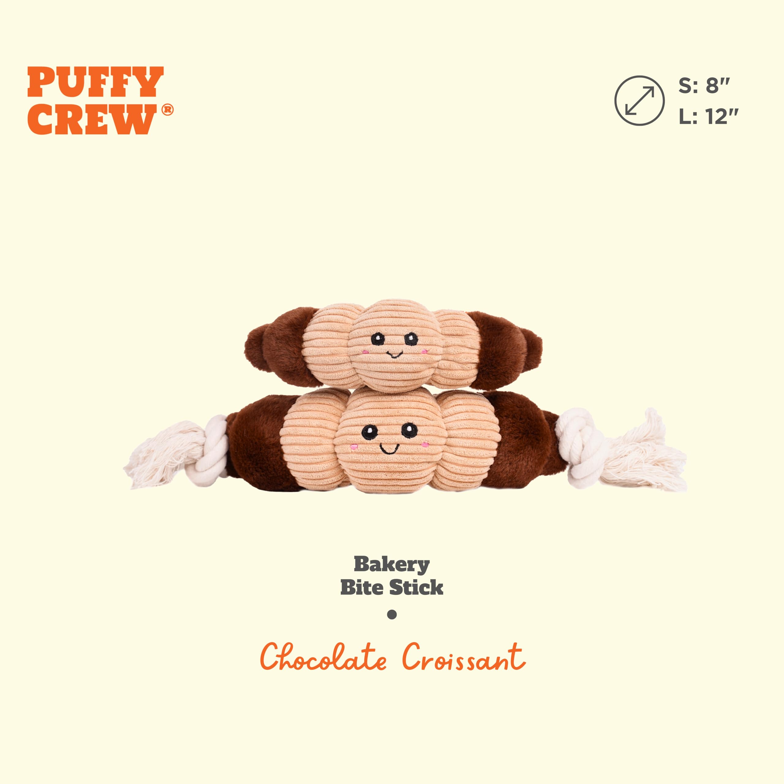 Puffy Crew Squeaky Dog Plush Toy, Bakery Bite_Stick Collection, 12, For Various Sized Dogs (Croissant, Large)