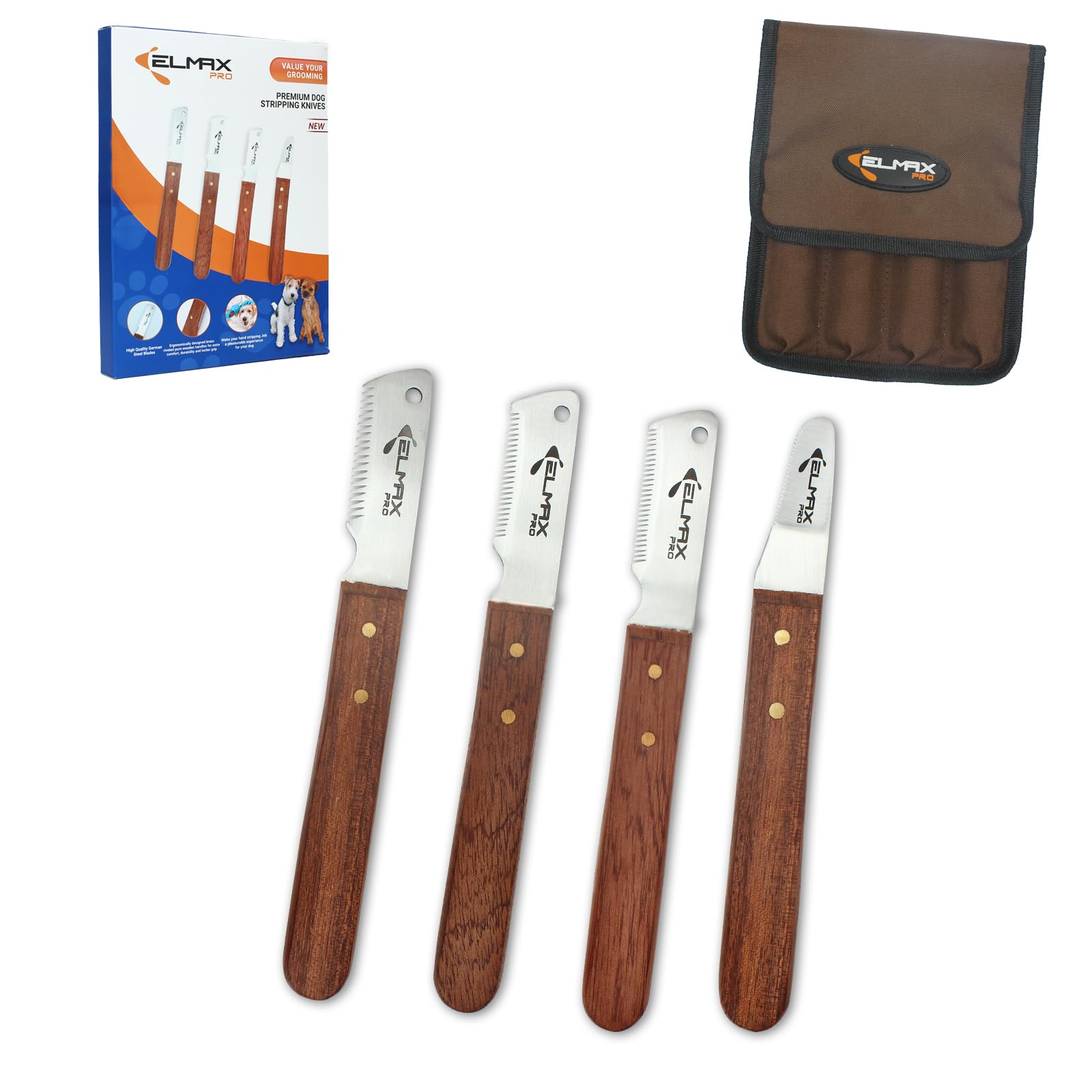 Elmax Pro Professional Slant Tooth Stripping Knife For Dogs (Pack Of 4) Stainless Steel Blades & Rosewood Handle, Efficient Unde