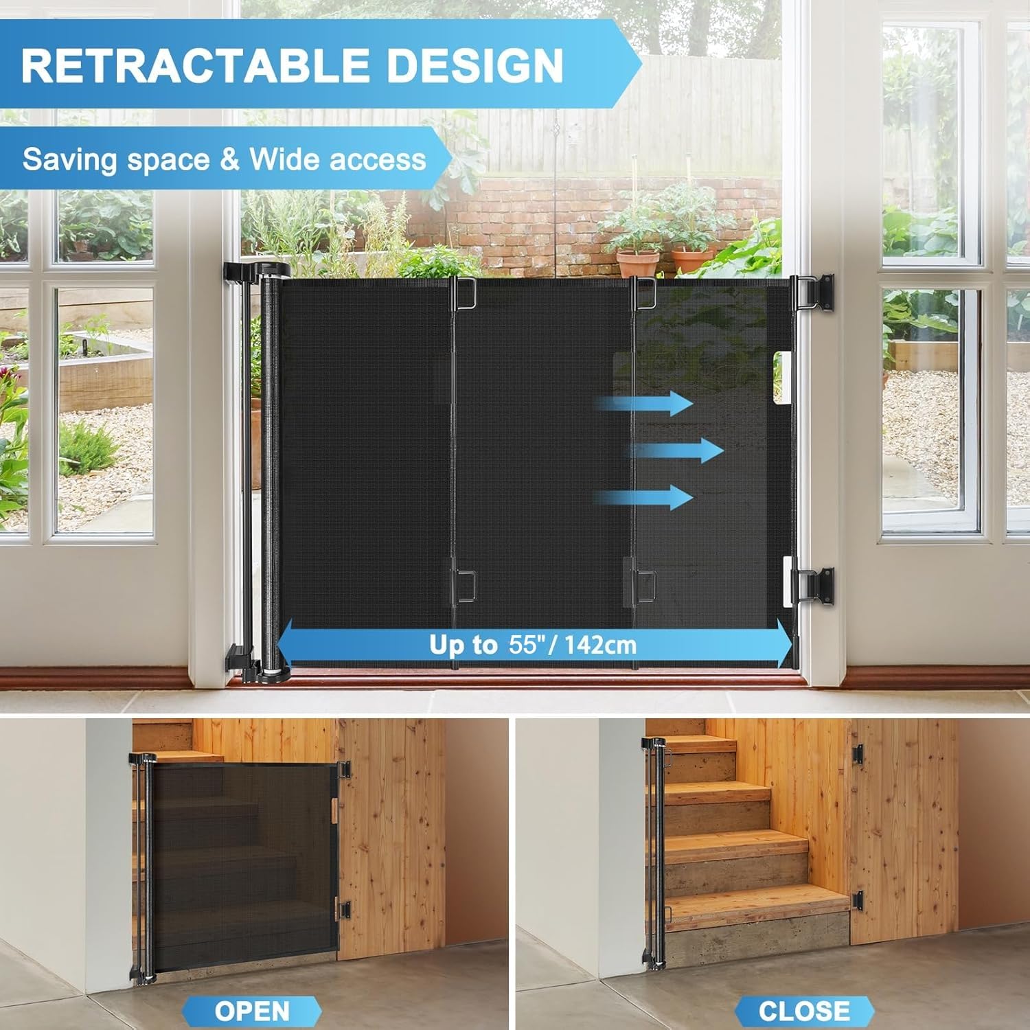KISKIZ Retractable Baby Gate, 55" Wide Mesh Dog Gate for Stairs, Black, 33" Tall, Model TB-A741147