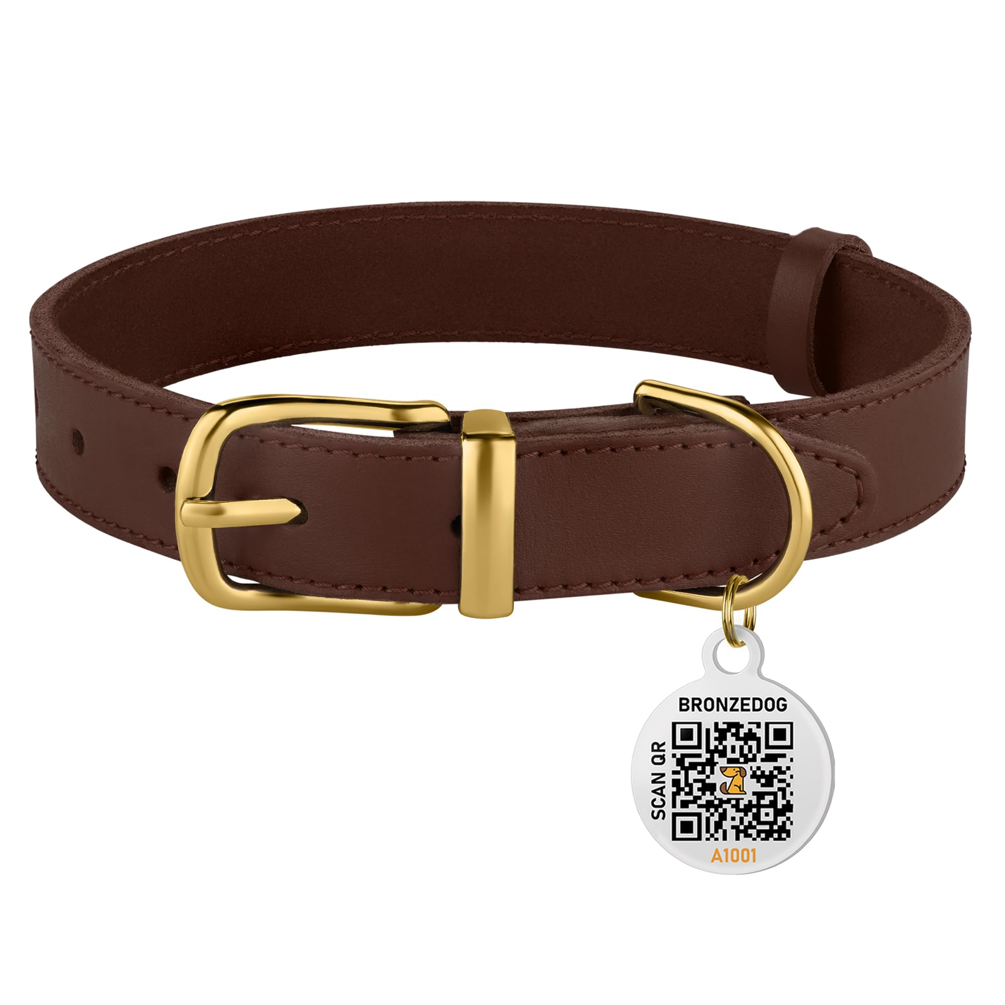 Bronzedog Leather Dog Collar With Metal Buckle Durable Basic Pet Collars For Small Medium Large Dogs (19-21 Inch (Pack Of 1), Dark Brown & Gold Buckle)