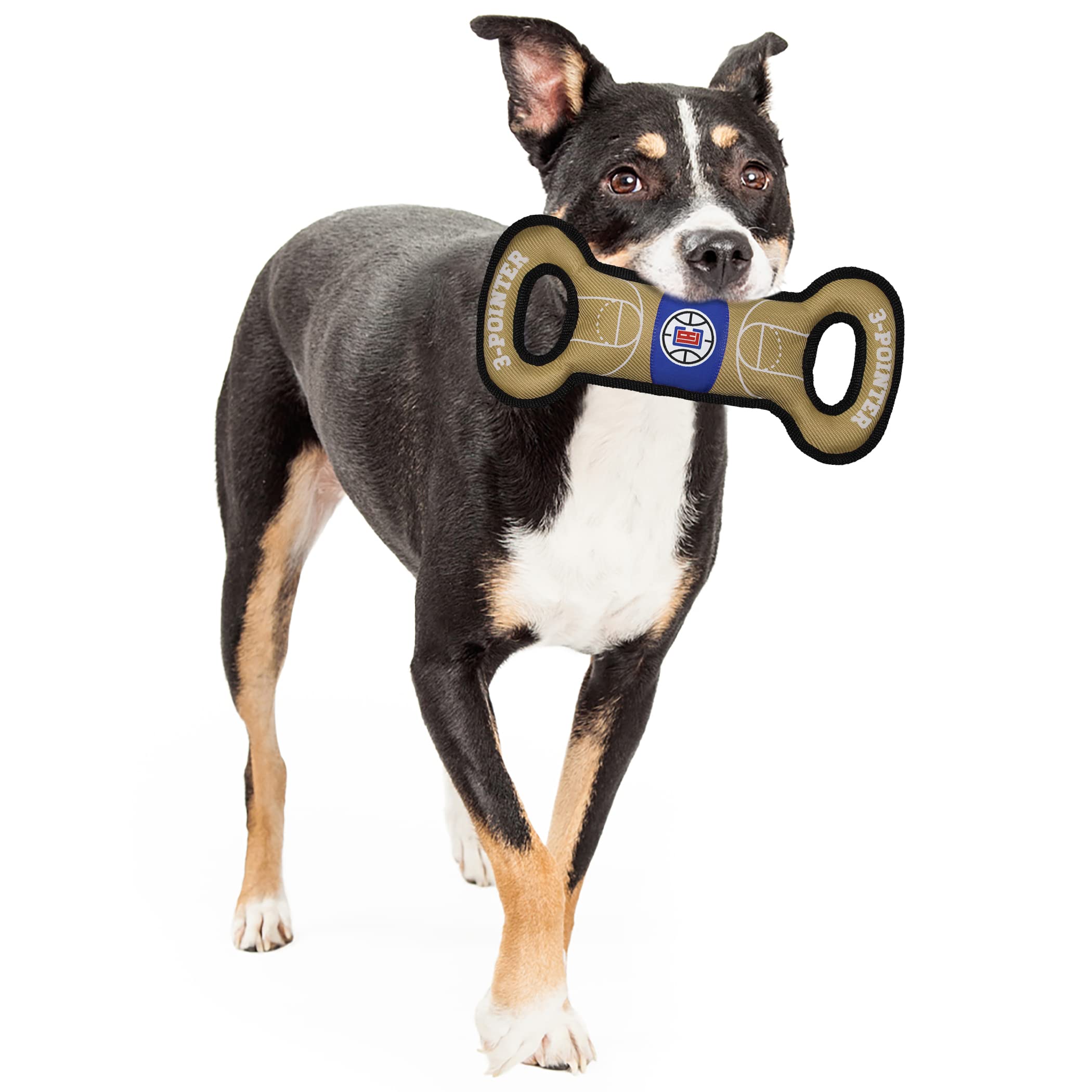 Pets First Tough Dog Bone Toy - With Basketbal Team Logo, Inner Squeaker & Heavy-Duty Trim Stitching.