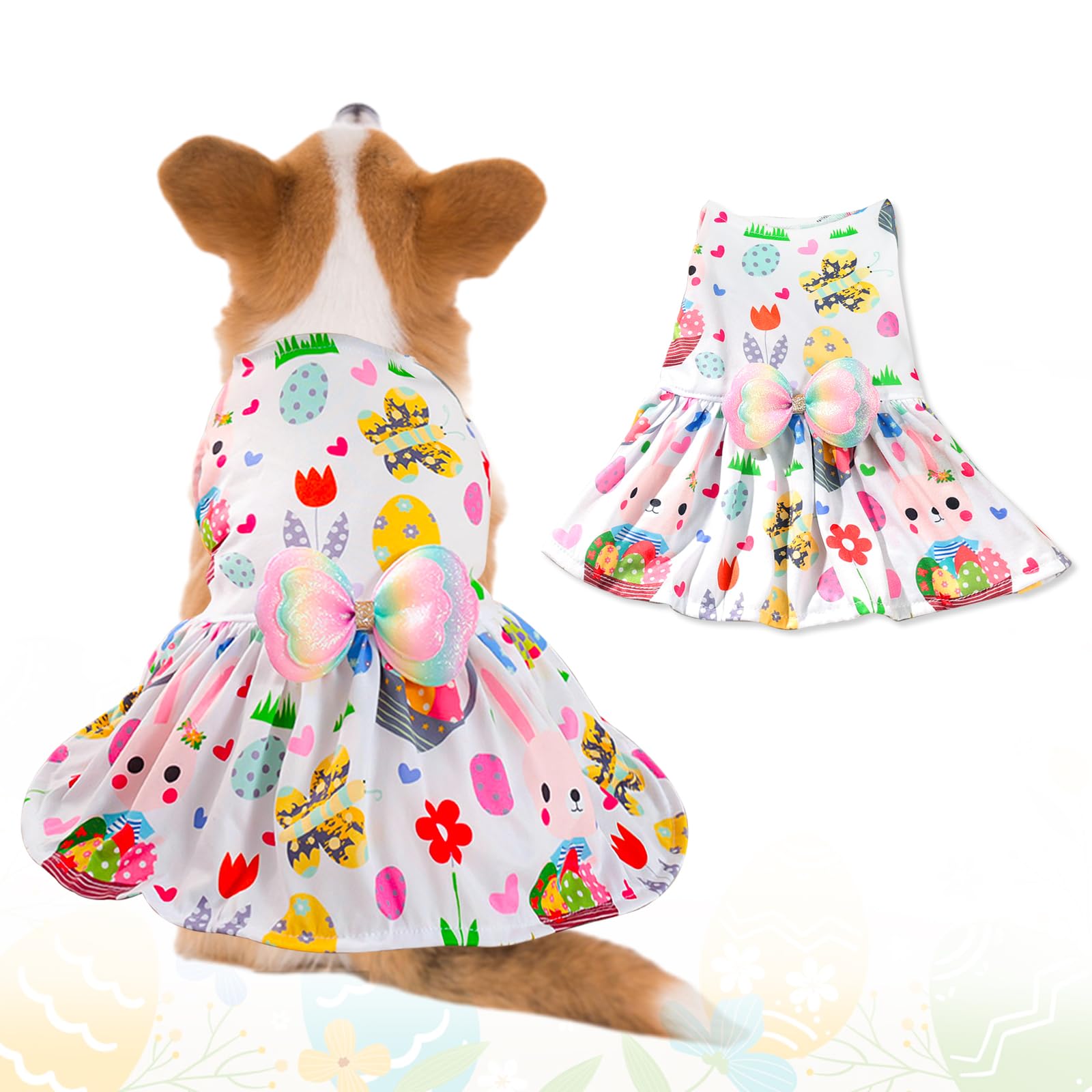 Easter Dog Costume Dress For Pets, Easter Bunny Pet Outfit Dogs Bow Clothes,White Puppy Skirt, Spring Dog Outfit,Size L (24.2-28