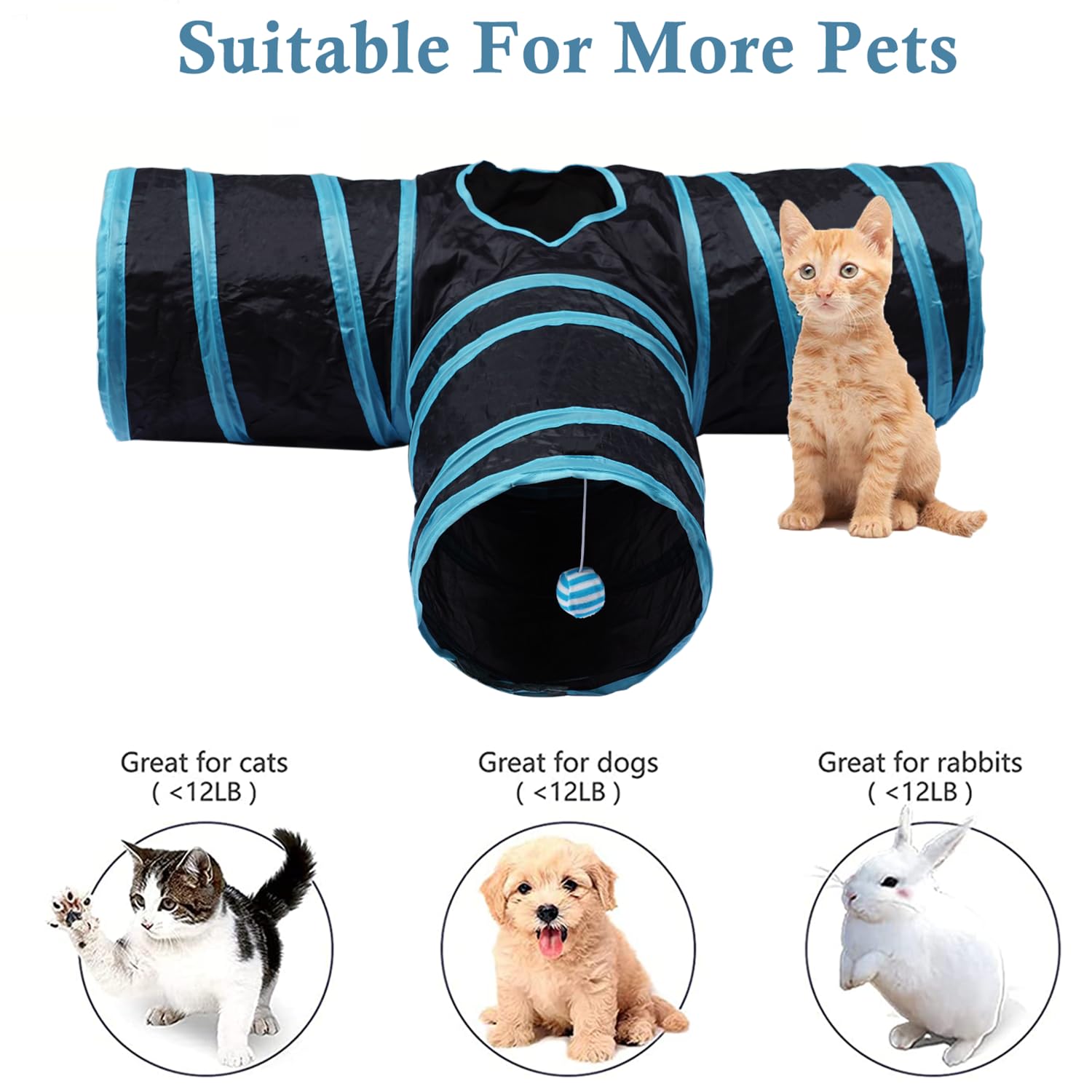 Cat Tunnel Tube, Long Collapsible Tunnels Indoor With Peek Hole, 2Pack S-Shaped & 3Way Tubes Maze Play Toy Black For Cat Kitten