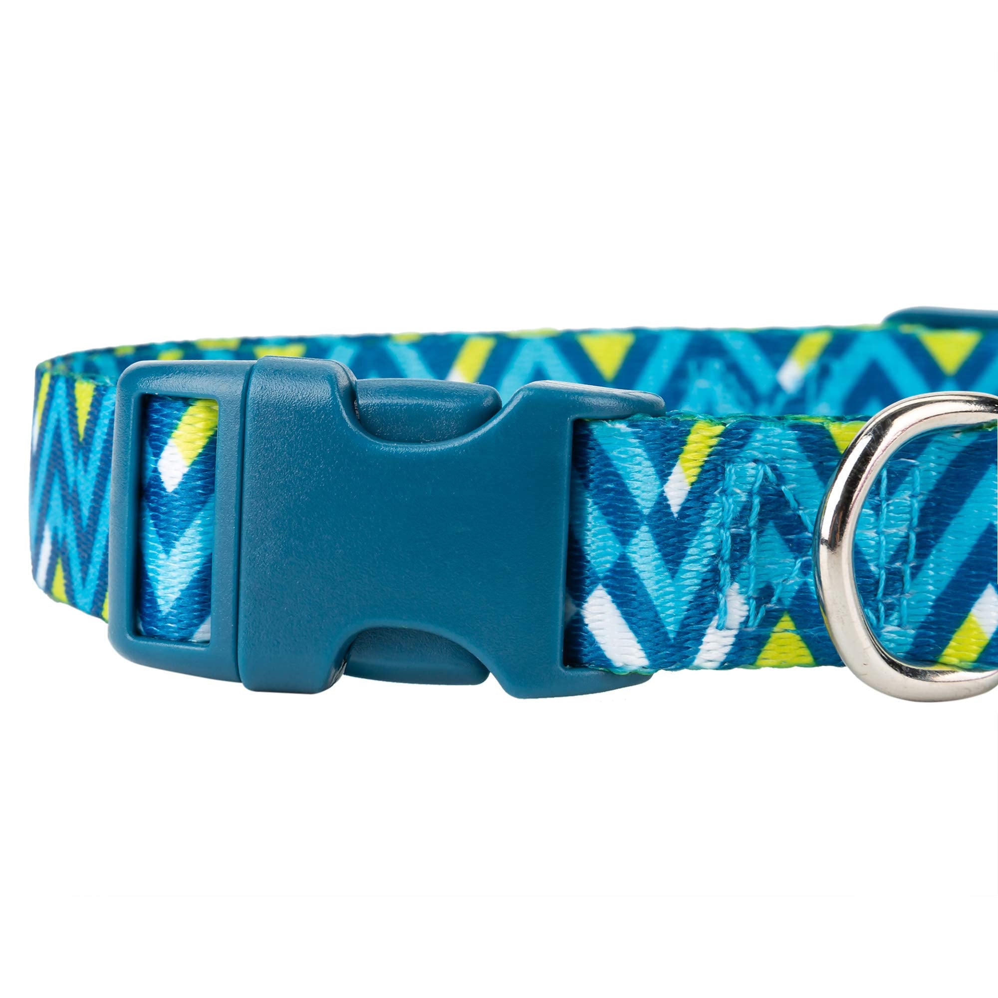 Mile High Life | Geometric Ocean Wavy Pattern | Soft Poly Cotton Fabric | Black Buckle Dog Collar With D Ring| We Donate To Dog Rescues(Light Blue/Hot Blue, Small )