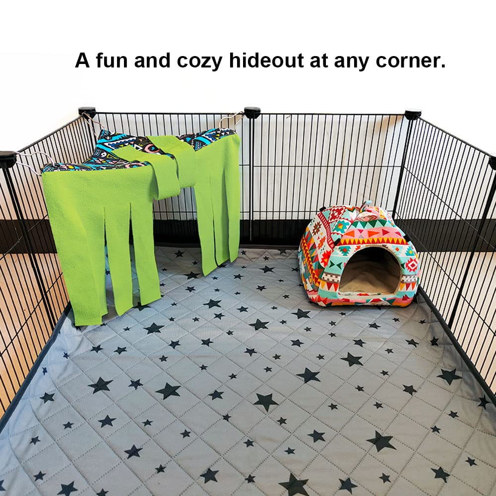 Rioussi Guinea Pig Hideout Hideaway Corner Fleece Toys Cage Accessories With Reversible Sides, Geo/Gray-Green+Blue, Pack Of 2