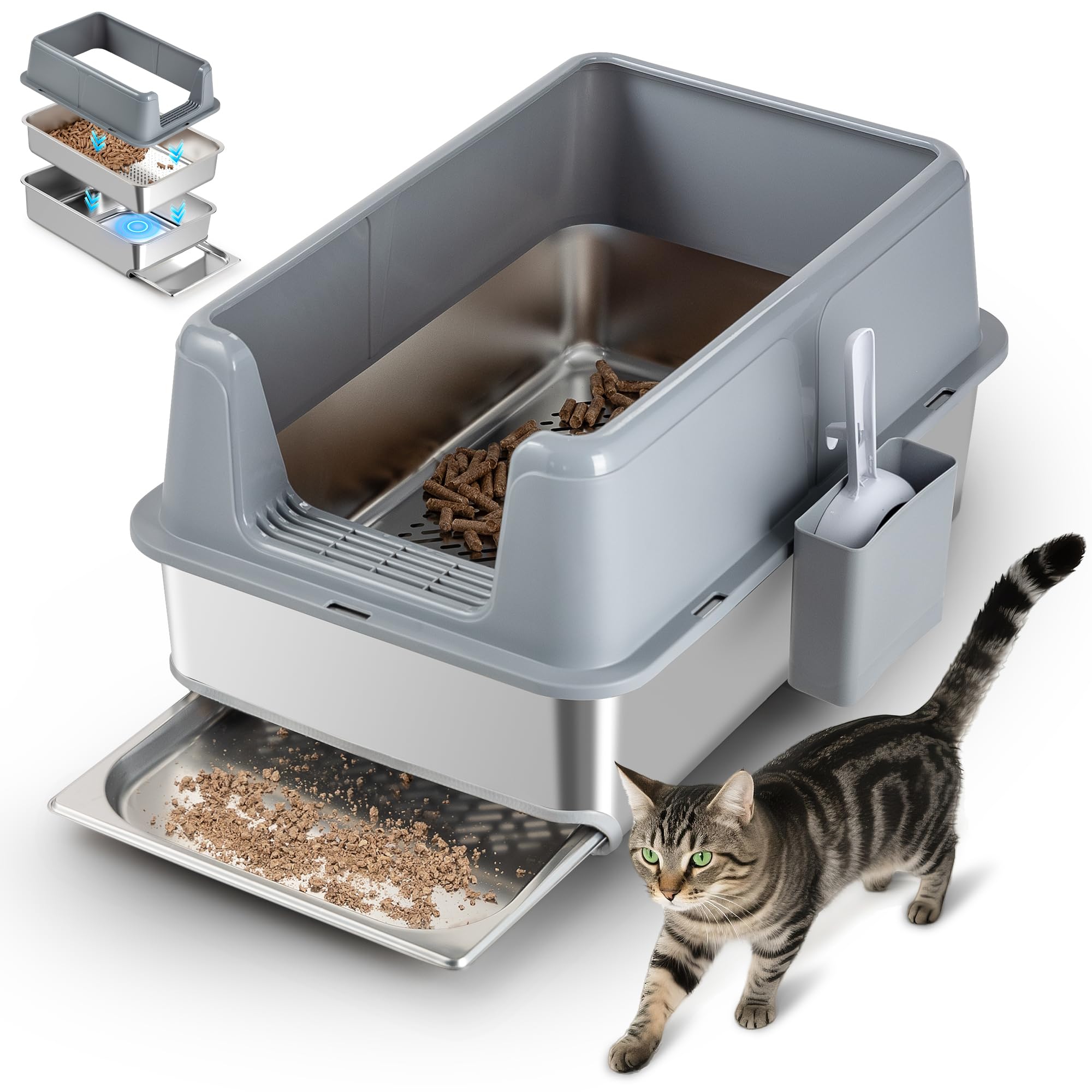 TIUUBT 23.6x15.6x12 Stainless Steel Sifting Litter Box with Sifter, Pine Pellet Litter Box with Lid for Big Cats, Built-in