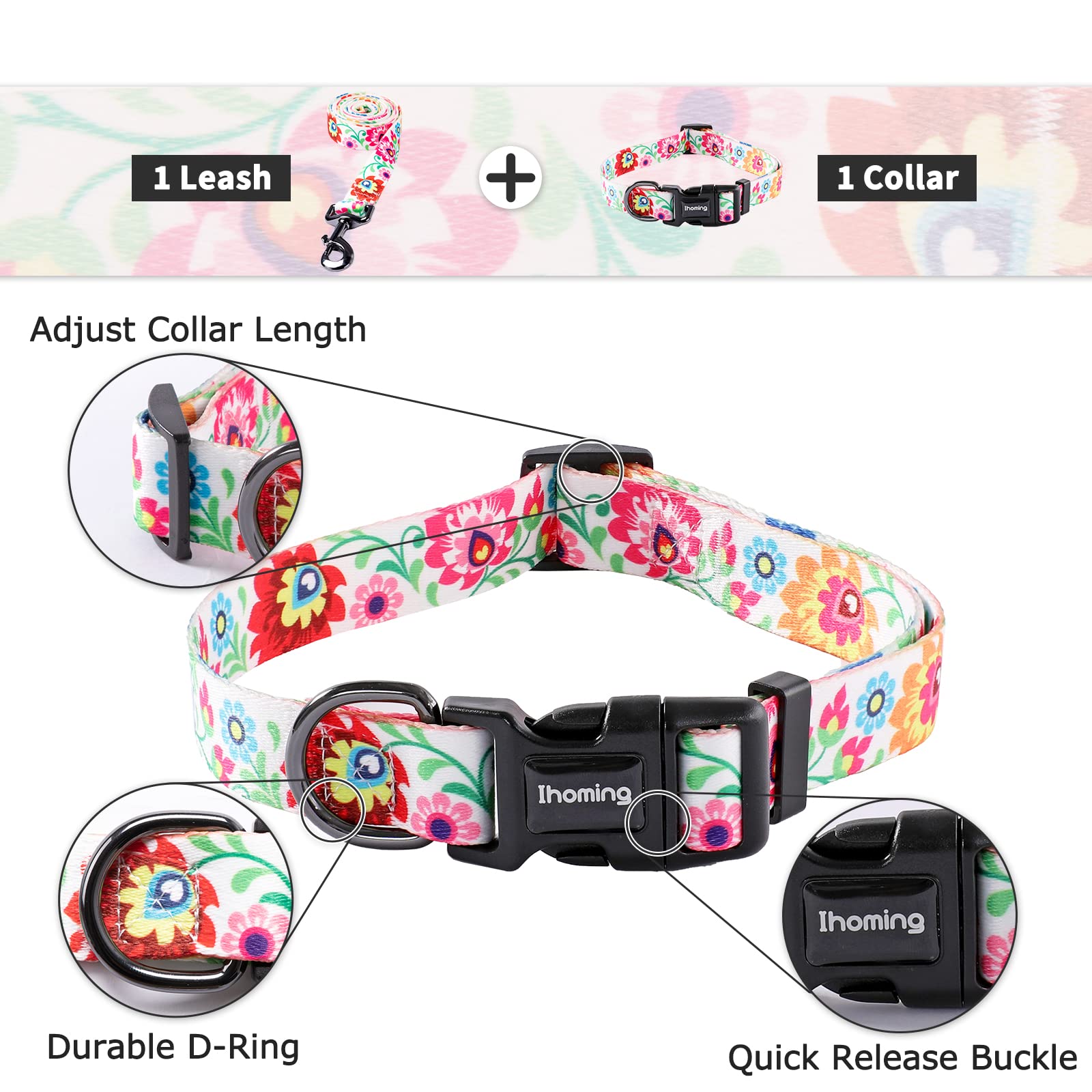 Ihoming Dog Collar and Leash Set for Daily Outdoor Walking Running Training, White Colorful Flowers Design for Small Boys Girls