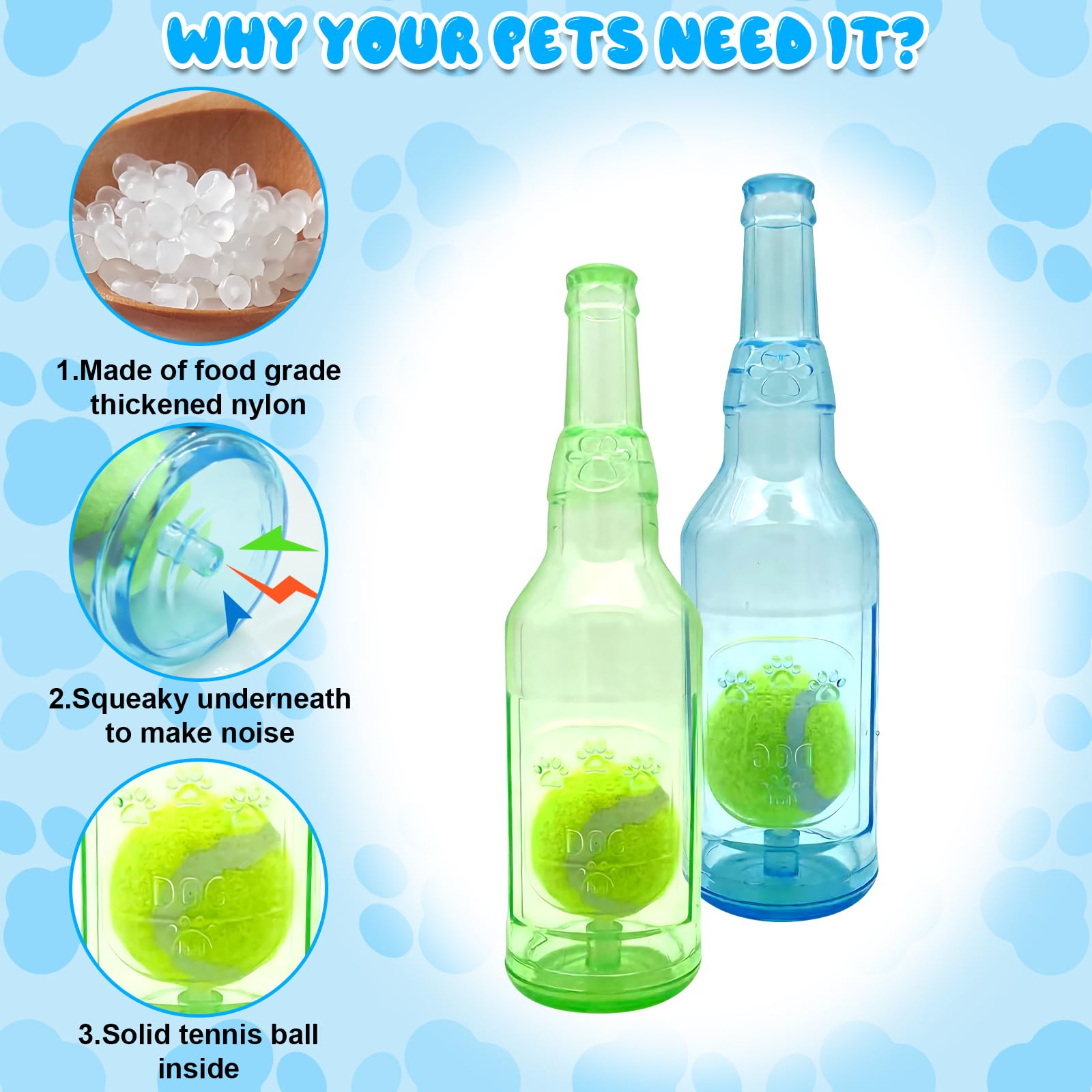 Aerbee 2Pcs Crunchnplay Bottle Toy For Dogs, Interesting Squeaky Dog Toys, 7.7' Rubber Water Bottle Toys With Tennis Ball, Pet