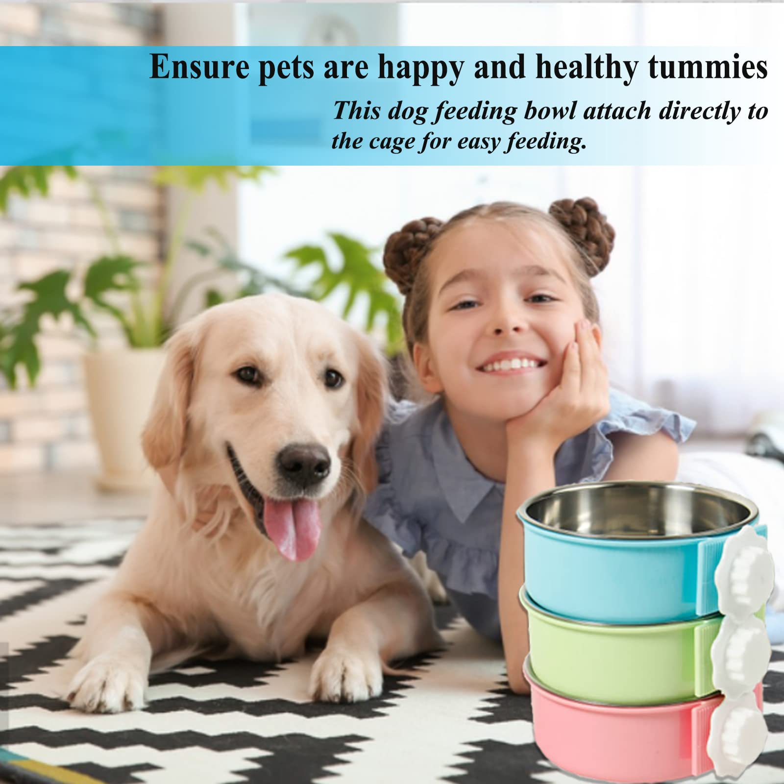 Mechpia 2 Pieces Crate Dog Bowl, Removable Stainless Steel Pet Kennel Hanging Food Water Feeder Bowl Cage Coop Cup for Puppy Med