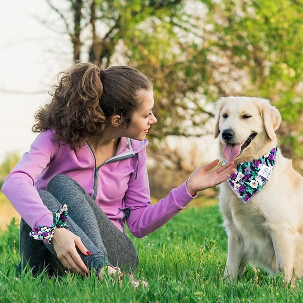 E-Clover Dog Bandanas & Matching Scrunchie Set Hawaii Dog Bandana Scarf Bibs Washable Kerchief For Medium Large Dogs & Pet Owner