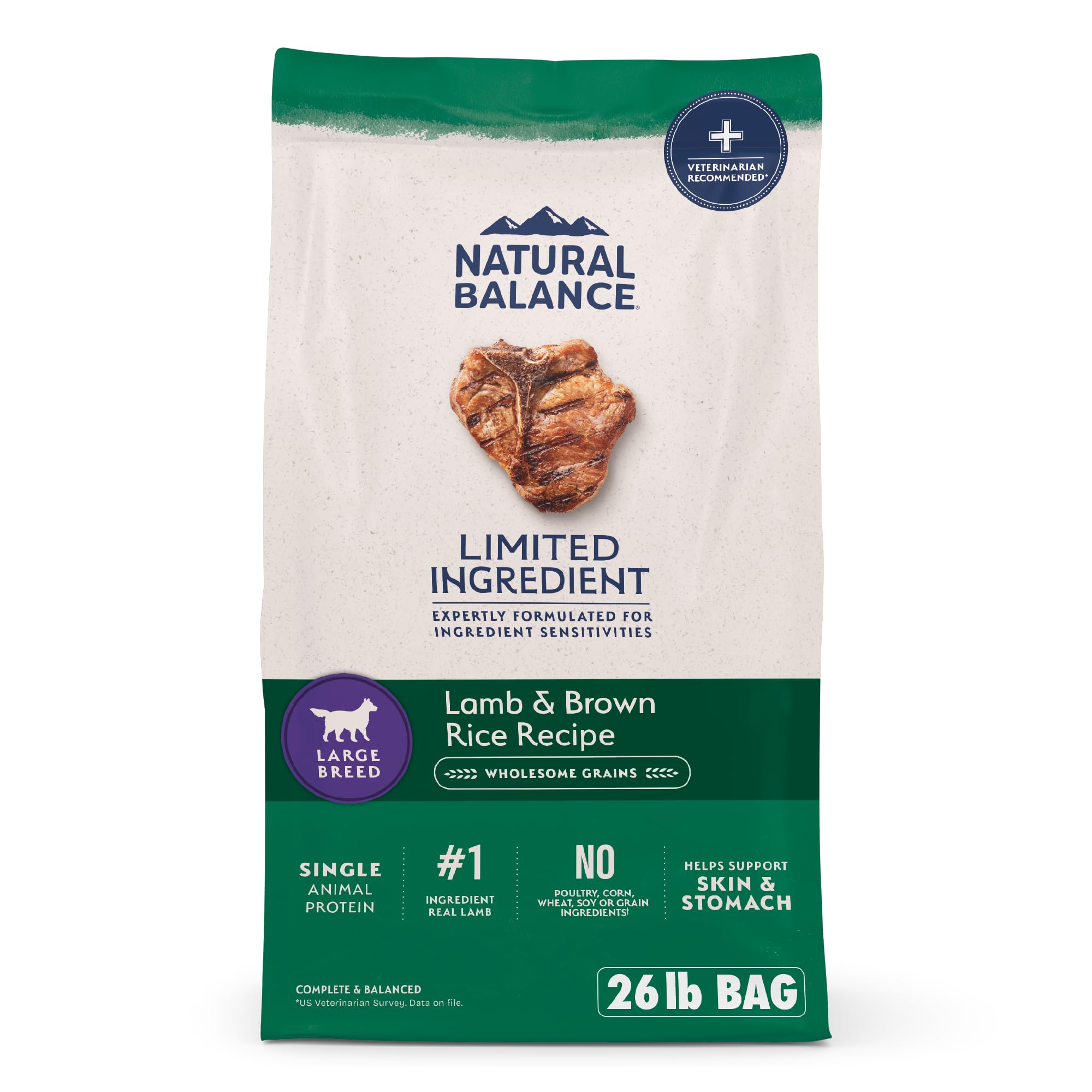 Natural Balance Limited Ingredient Large Breed Adult Dry Dog Food with Healthy Grains, Lamb & Brown Rice Recipe, 26 Pound (Pack 