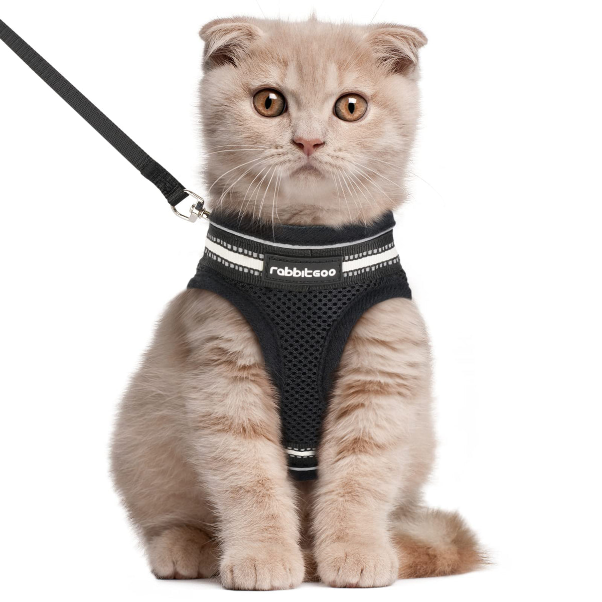 Rabbitgoo Cat Harness And Leash Set For Walking Escape Proof, Adjustable Soft Kittens Vest With Reflective Strip For Cats, Comfortable Outdoor Vest, Black, L