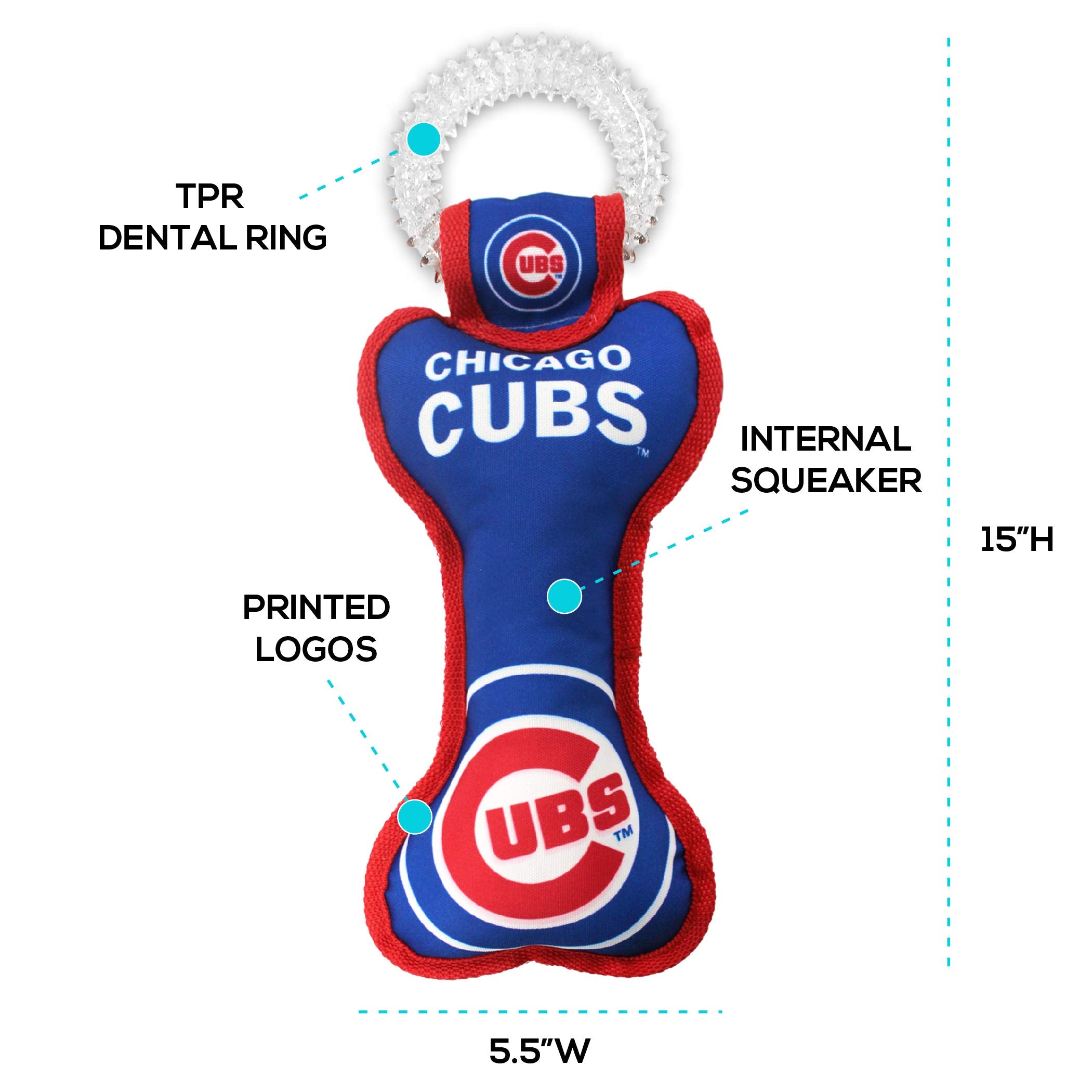 Mlb Chicago Cubs Bone Shaped Dental Dog Tug Toy With Squeaker. Tough Pet Toy For Healthy Fun, Teething, And Cleaning Pet'S Teeth