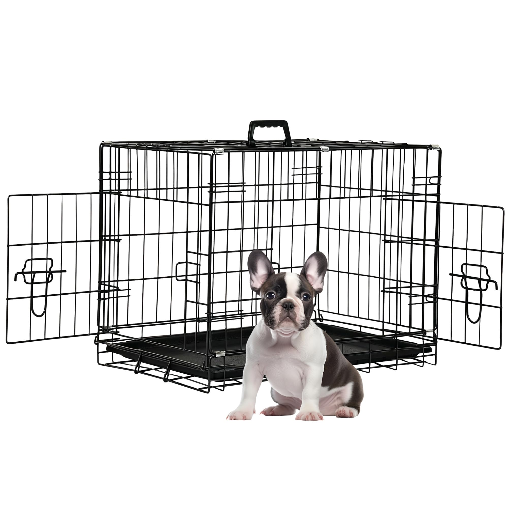 FDW 24-Inch Dog Crate Pet Cage with Metal Folding Design Plastic Tray Indoor Outdoor Dog Kennel Cage for Small Dogs,Dark Black