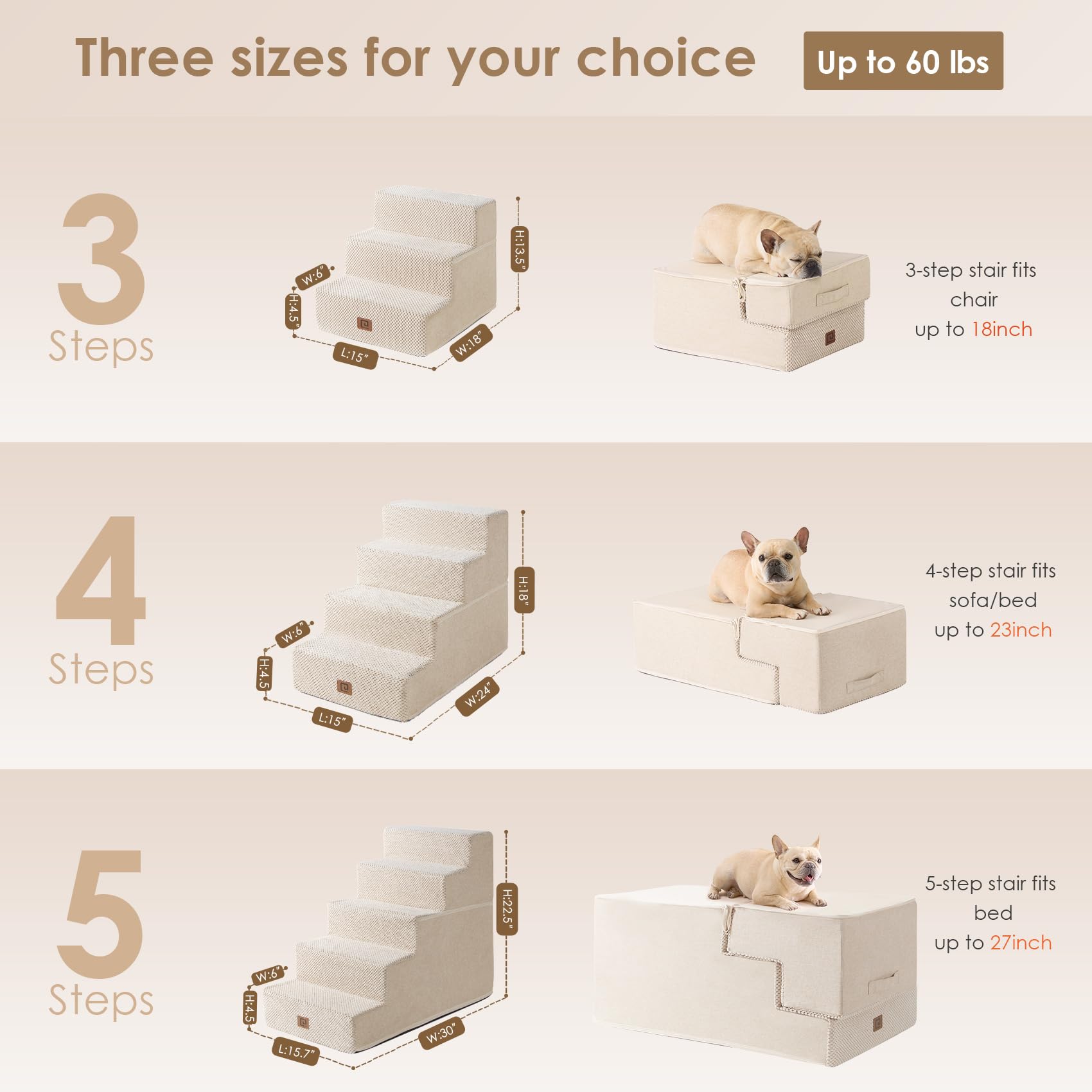 Eheyciga Dog Stairs For Small Dogs 13.5' H, 3-Step Dog Steps For Couch Sofa And Chair, Pet Steps For Small Dogs And Cats, Non-Slip Balanced Dog Indoor Ramp, Beige