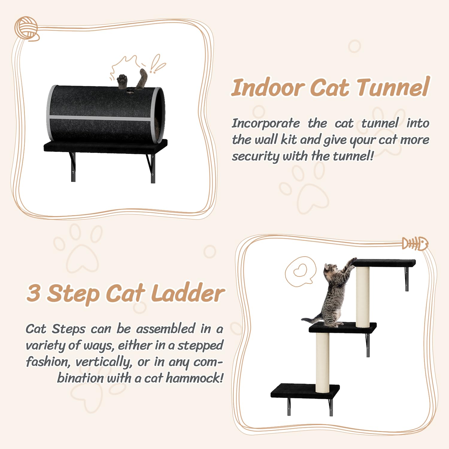 NUNU LAB 7-in-1 Wall Mounted Cat Climber Set, Cat Furniture Set, Cat Climber with Cat House, Tunnel, Bridge, Tree, Steps, Scratc