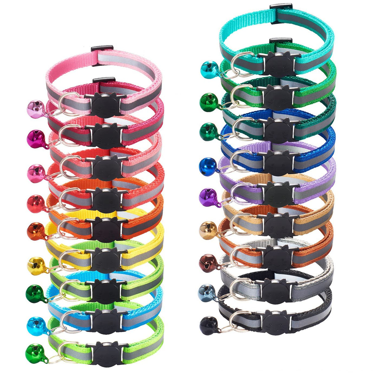 Flymind 18Pcs Reflective Cat Id Collars With Bell Adjustable 19-32Cm, Soft Nylon Adjustable Breakaway Identification Collars For