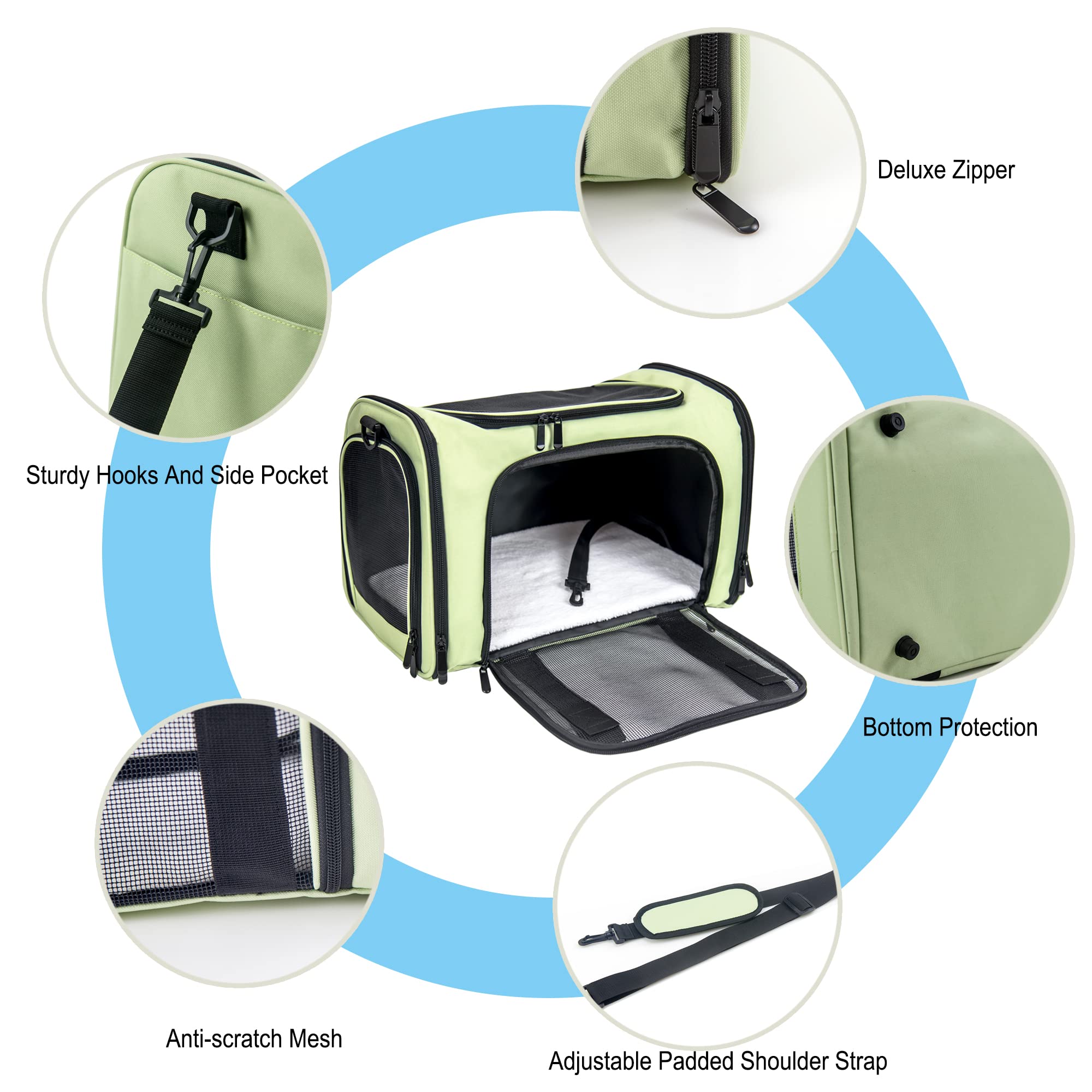 Nextfri Soft Sided Carrier For Small Medium Cats Dogs,Removable Pad Collapsible Travel Pet Carrier Large Green