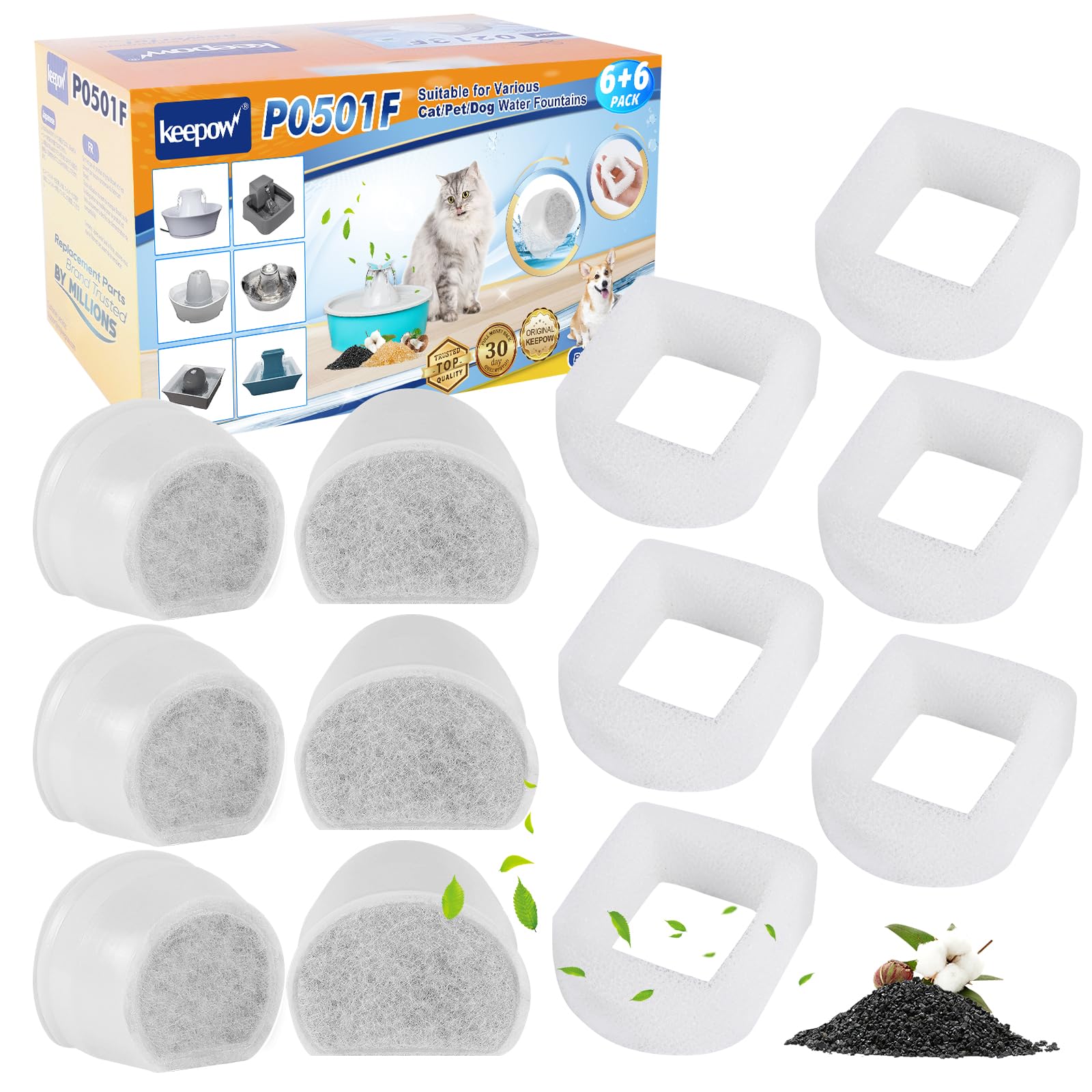 Keepow Cat Water Fountain Filter For Petsafe Drinkwell Fountain, 12 Pack Foam Pre-Filter & Carbon Filter For Drinkwell 1 1/2 2 G