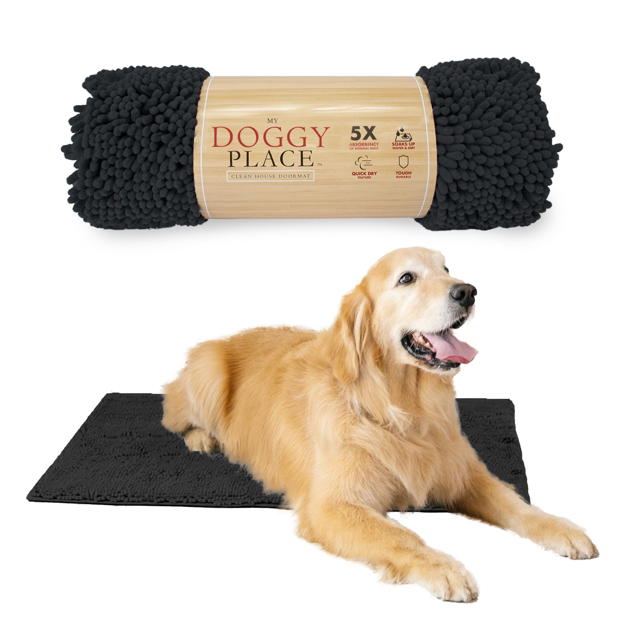My Doggy Place Microfiber Dog Mat for Muddy Paws, 36 x 26 Charcoal - Absorbent and Quick-Drying Dog Paw Cleaning Mat, Washer and