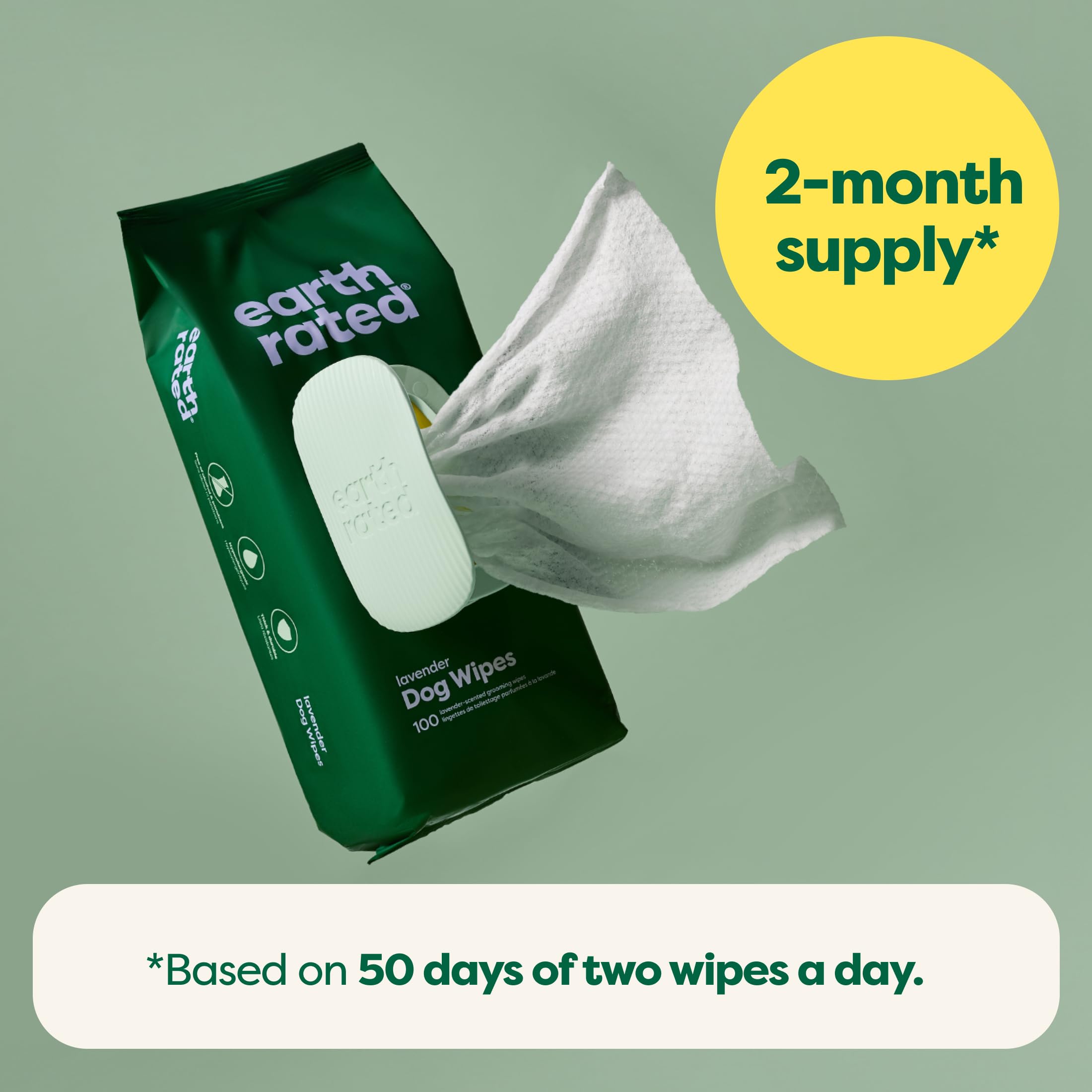 Earth Rated Dog Wipes, New Look, Thick Plant Based Grooming Wipes For Easy Use On Paws, Body And Bum, Lavender Scented, 100 Count