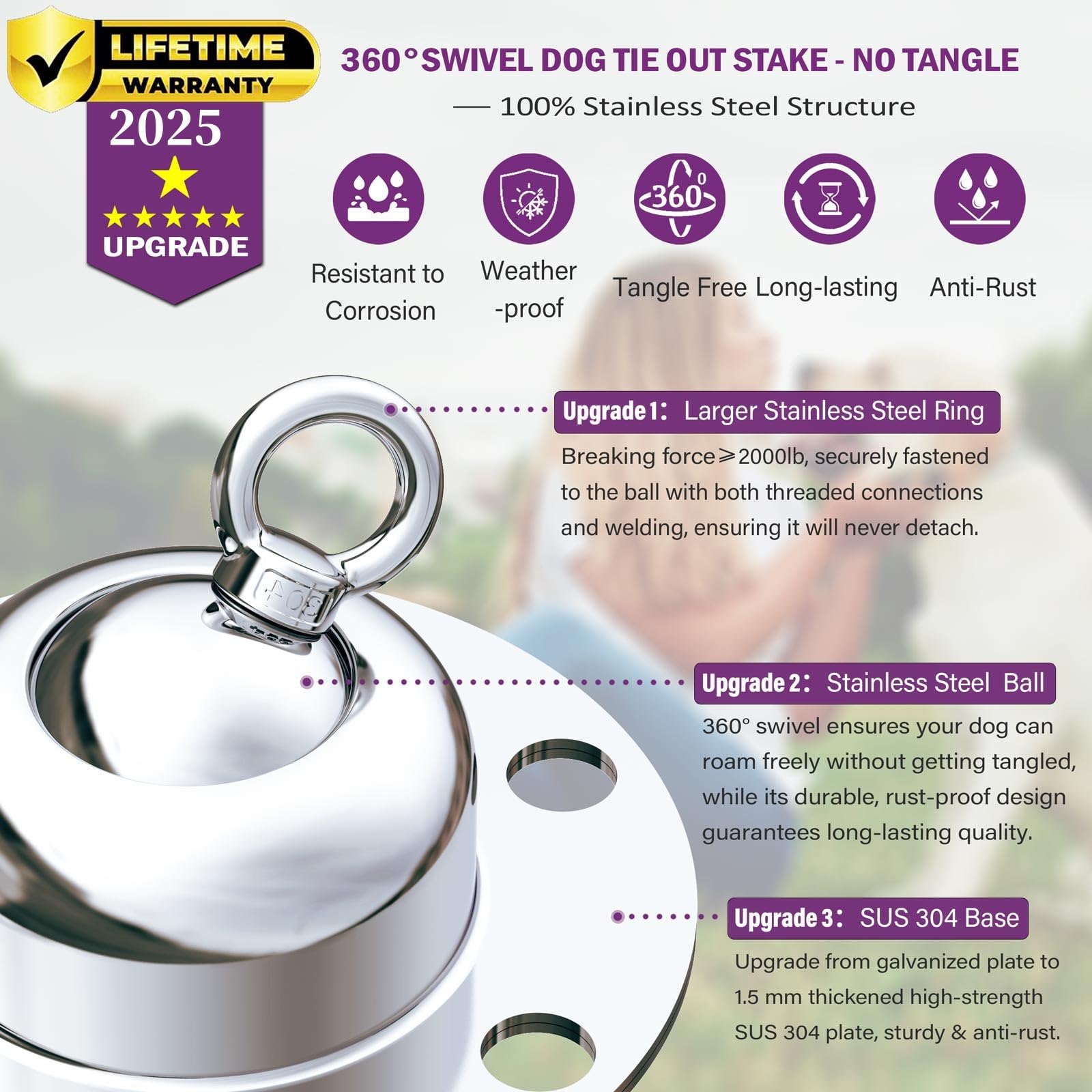 360° Swivel Dog Tie Out Cable And Stake - 2025 Upgrad Stainless Steel Dog Stake Dog Anchor For Small To Large Dogs - No Tangle Reflective Dog Run Cable For Yard (Silver, Stake With 20 Ft Cable)