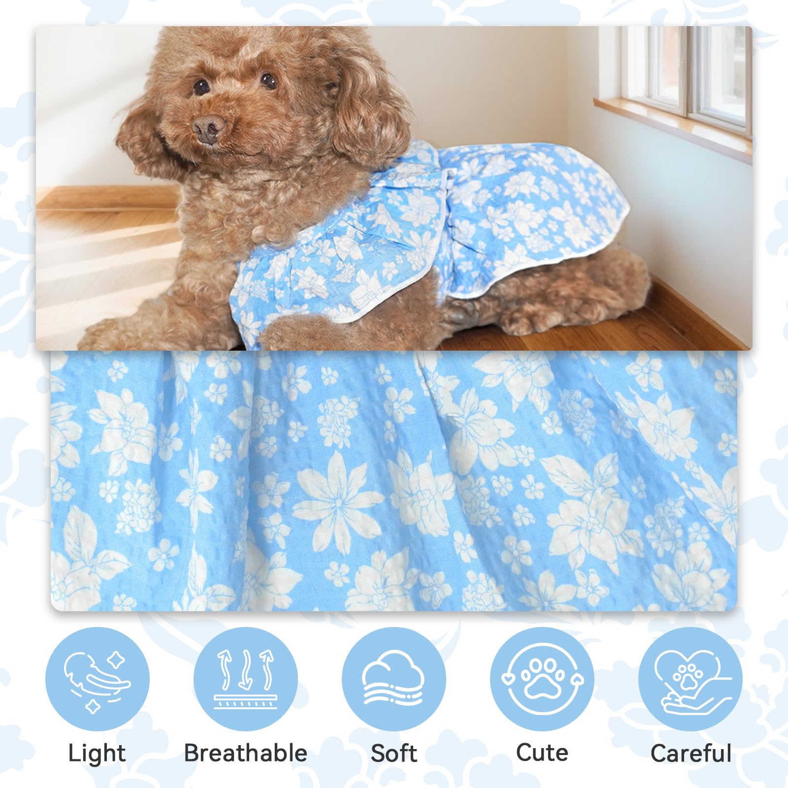 Topkins Dog Dress, Dog Evening Dress With Lace-Up, Cute Dog Sundress With Pretty Prints For Small Dog (Blue, L)