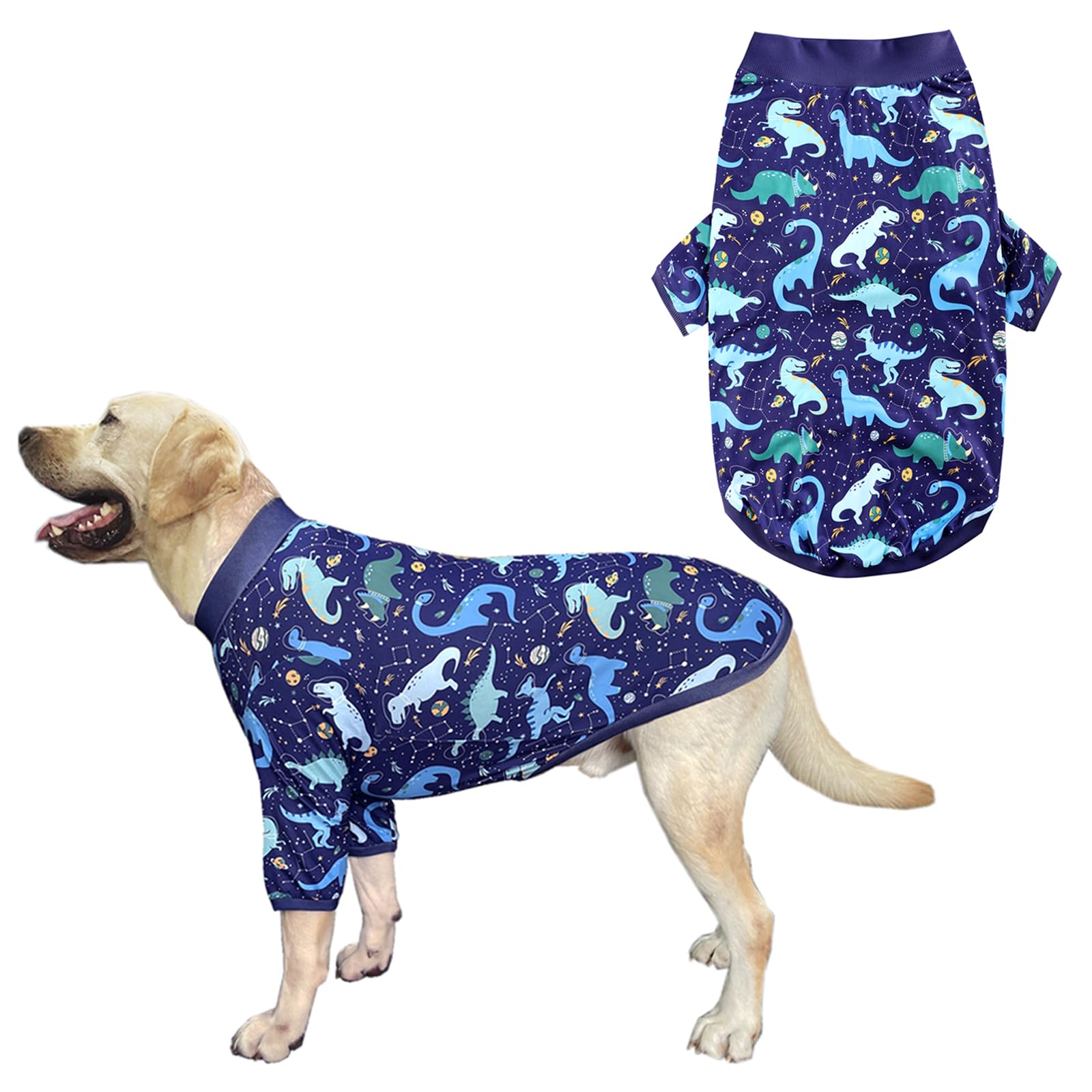 PriPre Dog Navy T Shirts with Universe Dinosaur Pattern Printed Pet Shirt Softable Pajamas for Large Dogs (L, Navy)