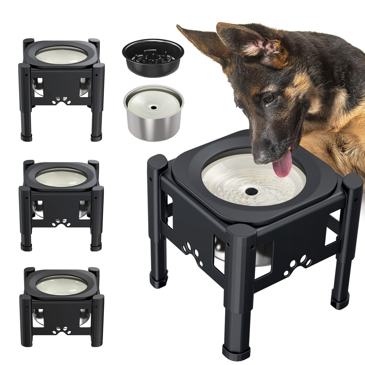 Lewondr Elevated Dog Water Bowl No Spill, 80Oz/2.5L Large Capacity Raised Water Bowl For Dogs With Slow Feeder Dog Bowl, 3 Heights Adjustable Elevated Dog Slow Water Bowl For Small Medium Large Dogs