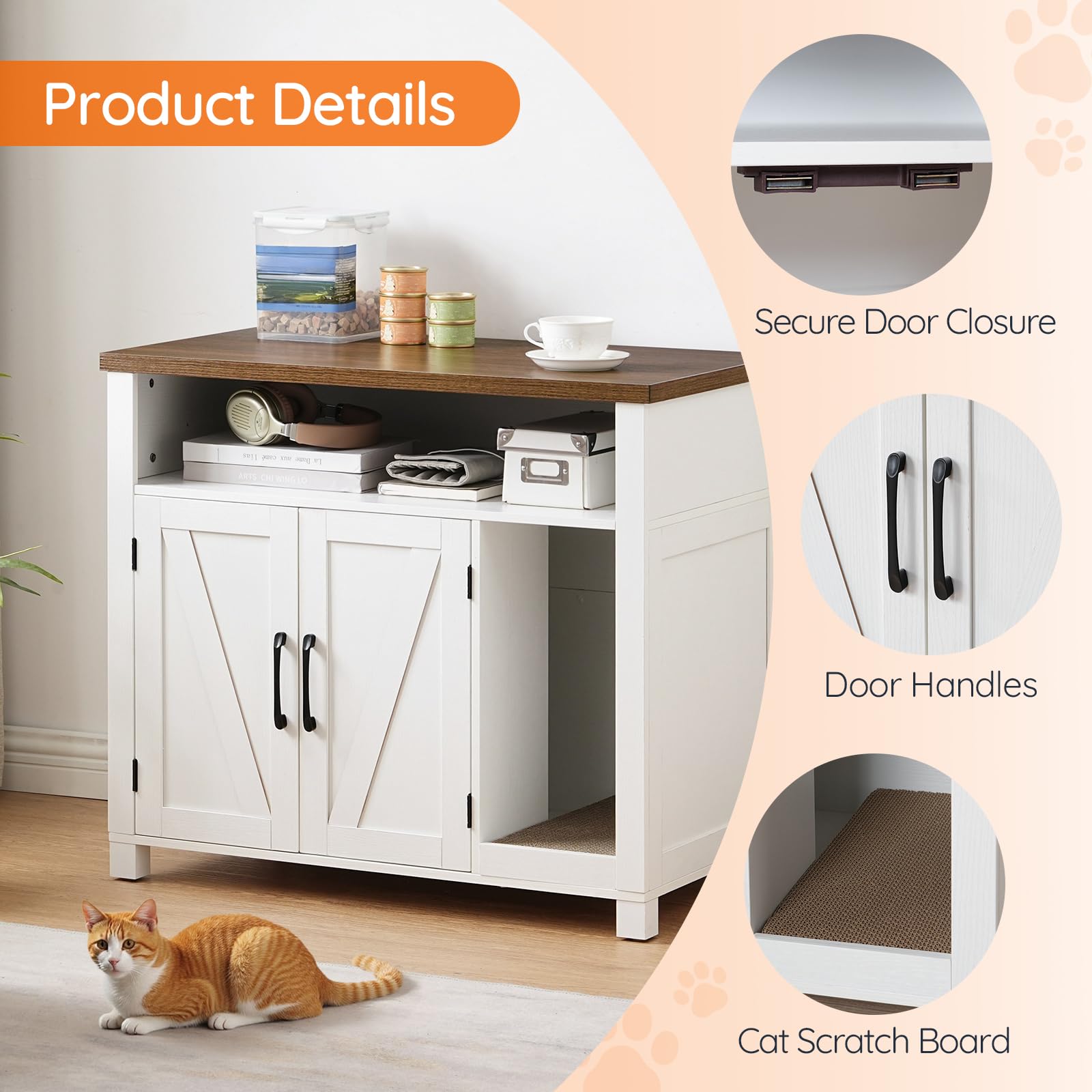 HOOBRO Cat Litter Box Enclosure, White & Walnut, 31.5"L x 17.7"W x 27.6"H, Engineered Wood, Model WH24MW01