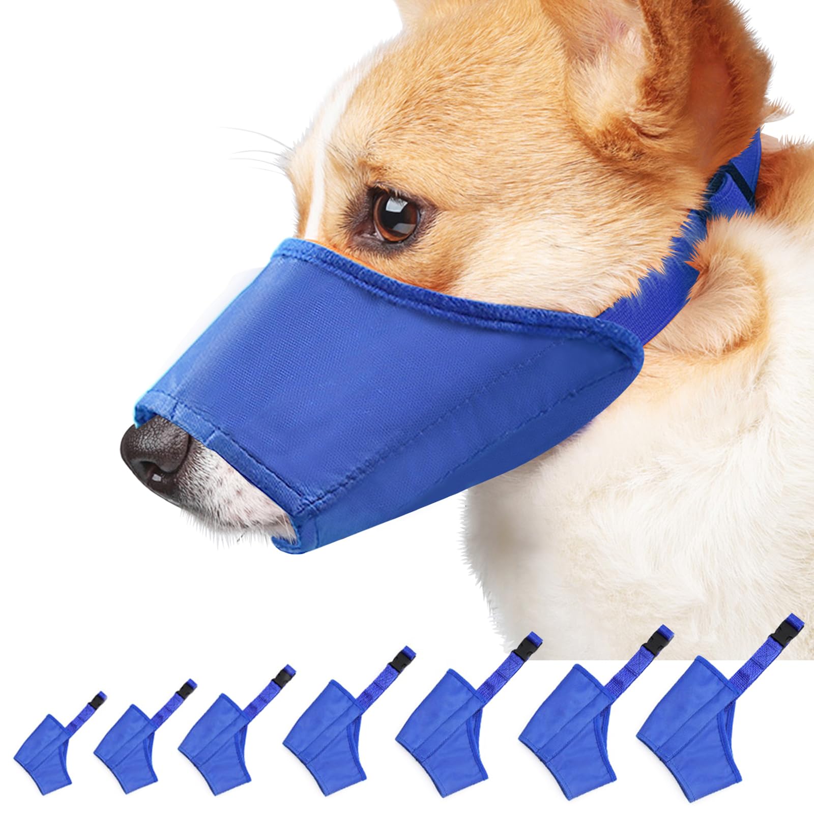 Idepet 7Pcs Adjustable Dog Muzzles - Anti-Biting Barking Muzzles For Small, Medium, Large & Extra Dogs (Blue, Pack Of 7)