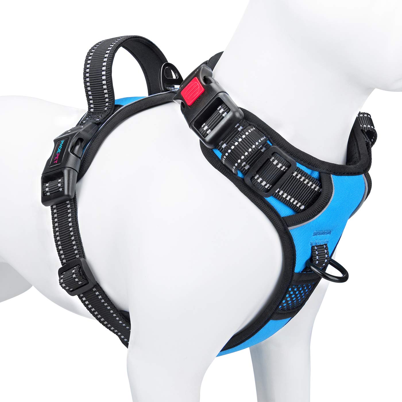 Phoepet No Pull Dog Harness Medium Reflective Front Clip Vest With Handle,Adjustable 2 Metal Rings 3 Buckles,[Easy To Put On & Take Off](M, Blue)