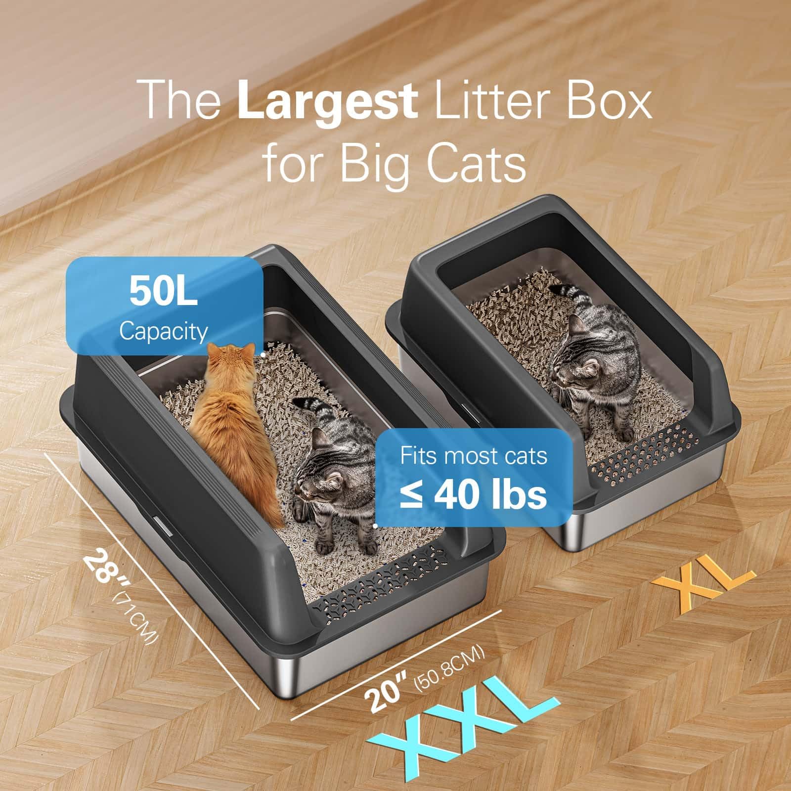 Zarler Xxl Stainless Steel Litter Box, Extra Large Cat Litter Boxes 27.8'' L X 20'' W X 12.9'' H, Metal Litter Box With Lid For