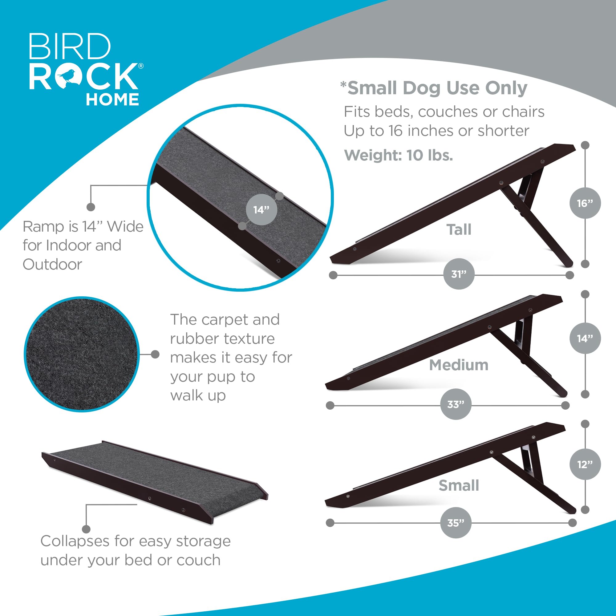 Birdrock Home Adjustable Pet Ramp For Small Dogs, Cats, Puppies - Foldable Wooden Dog Ramp For Couch, Bed, Car - Indoor Or Outdoor- Safe, Portable, Non-Slip Carpet - 16', Espresso