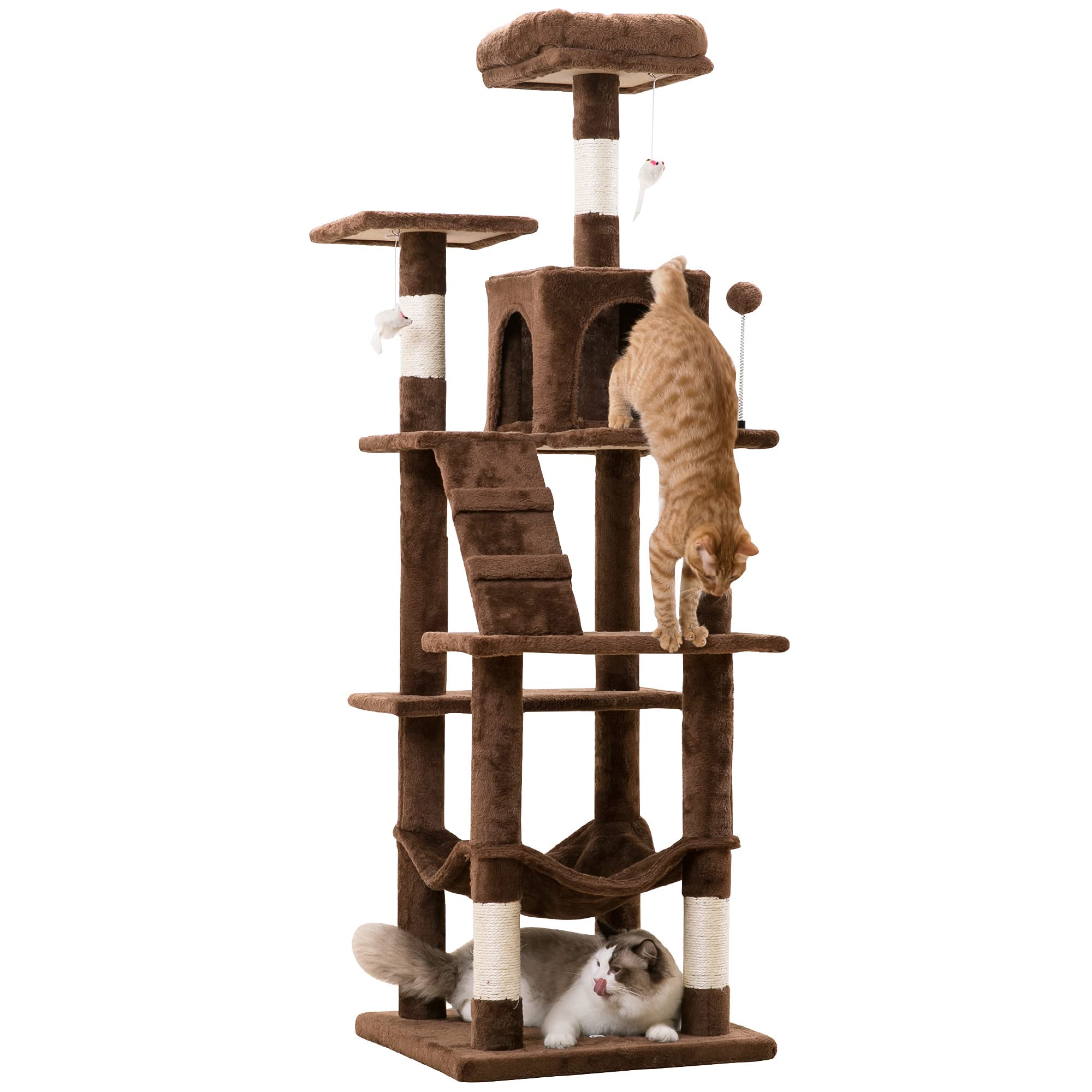 Mwpo 63.8 Inches Multi-Level Cat Tree For Large Cats With Sisal-Covered Scratching Posts, Padded Platform, Hammock And Condo,Sta