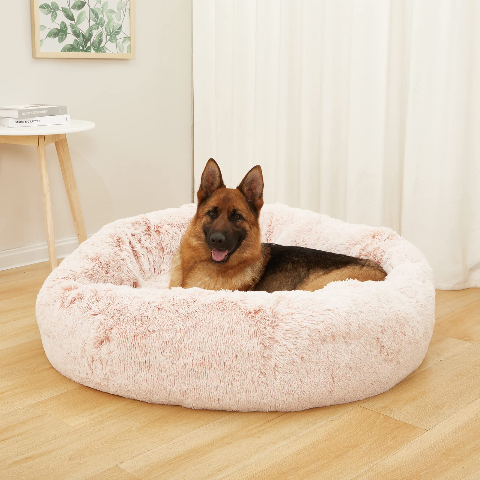 Bedfolks Calming Donut Dog Bed, 45-Inch Round Plush Anti-Anxiety Dog Bed, Washable With Non-Slip Bottom (Pink, Extra Large)