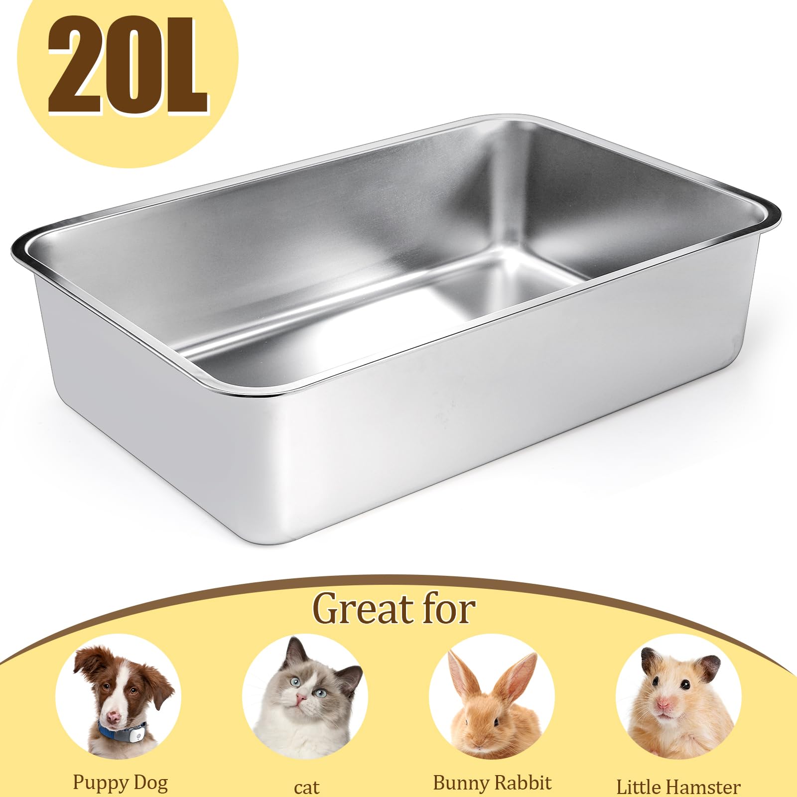Lawei Large Stainless Steel Cat Litter Box - Metal Pan Tray With High Sides For Kitten Rabbit - Easy To Clean Pet Toilet, 23.5X1